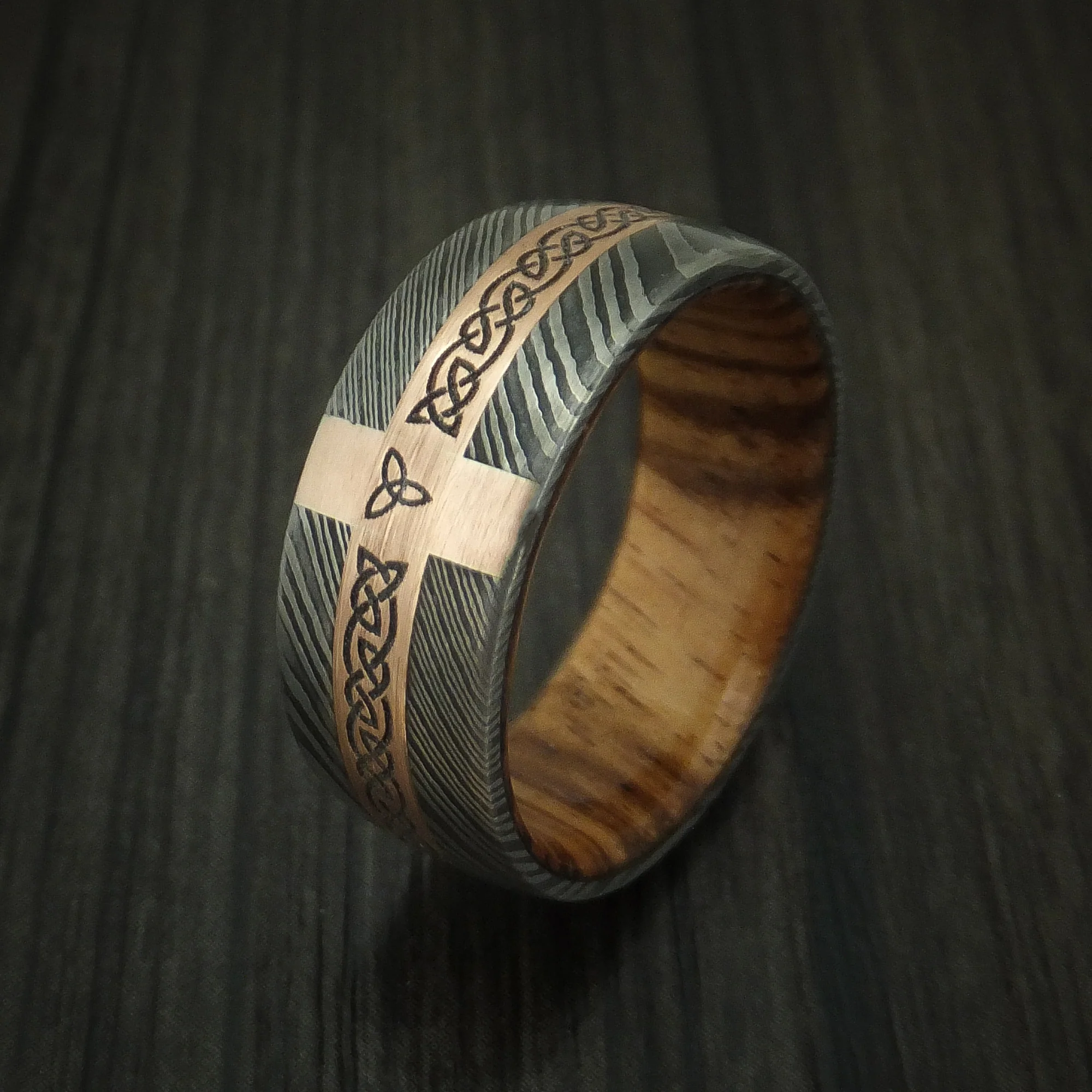 Damascus Steel Celtic Men's Ring With 14K Rose Gold and Hardwood Sleeve Custom Made - Image 4