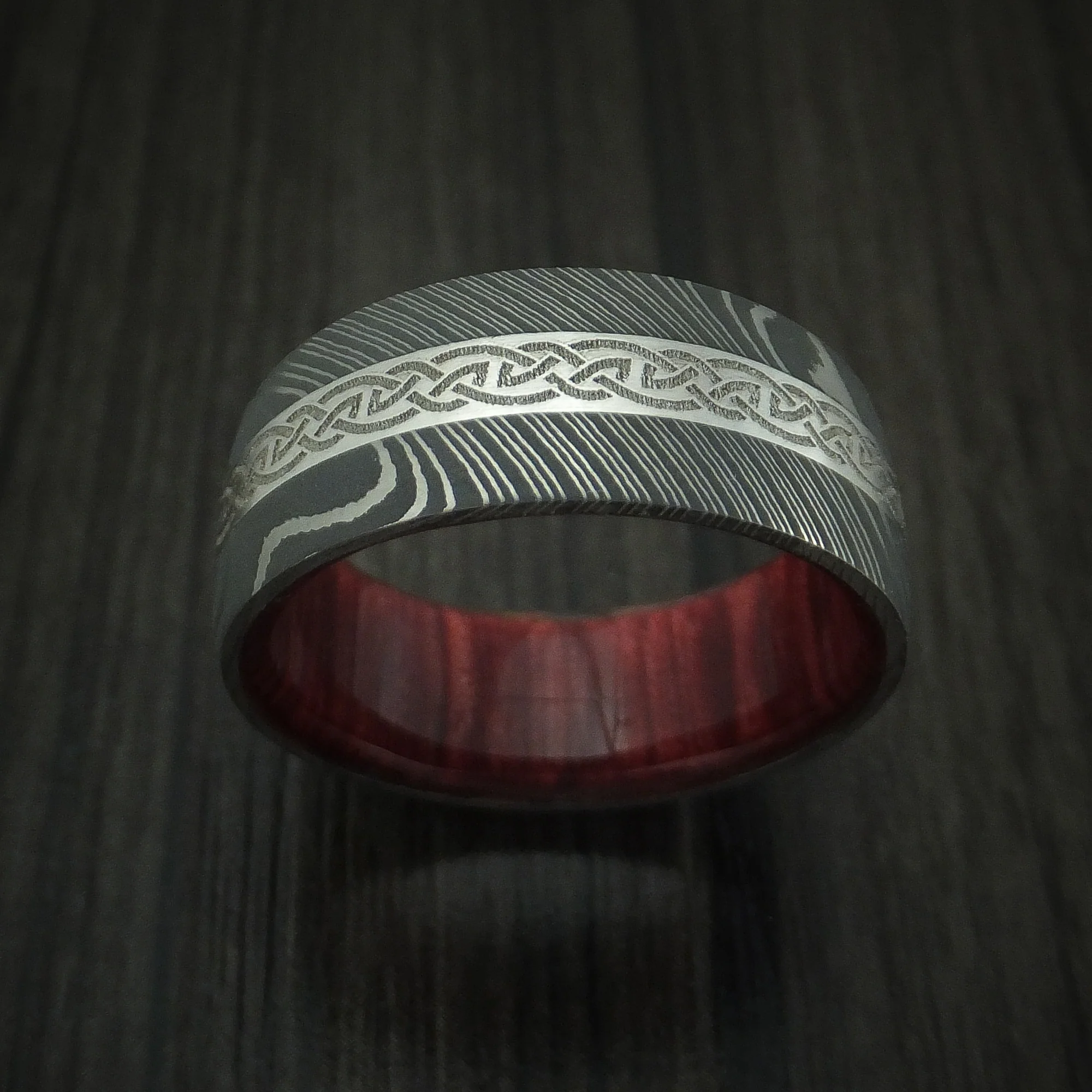 Damascus Steel Celtic Men's Ring With Platinum Inlay And Wood Sleeve Custom Made Band - Image 2