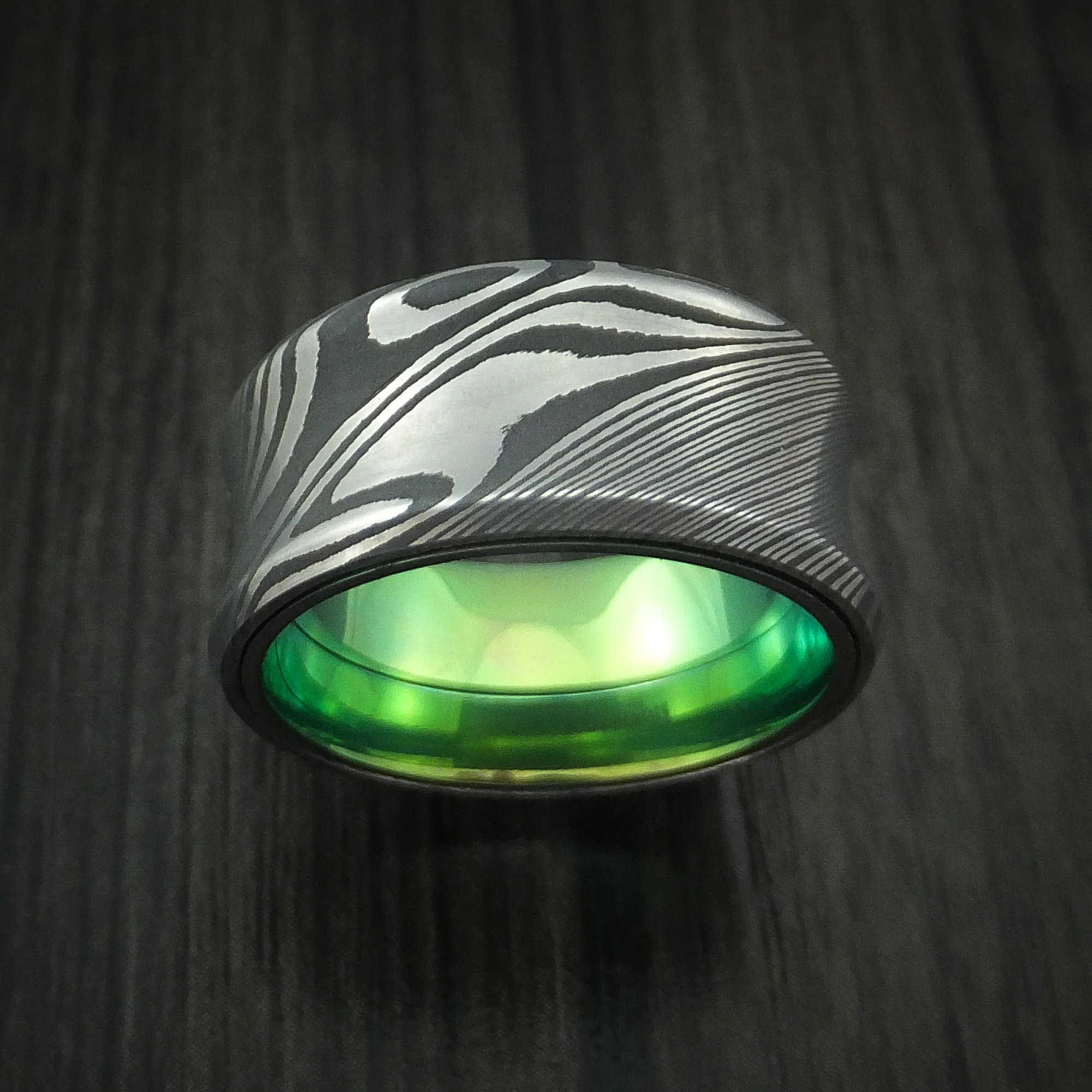 Damascus Steel Concave Men's Ring with Green Anodized Titanium Sleeve Custom Made Band - Image 2