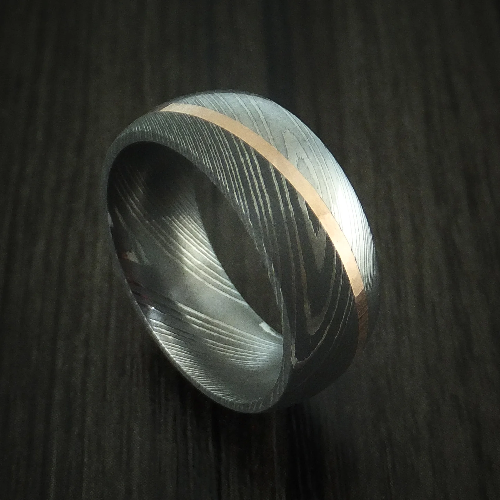 Damascus Steel Diagonal 14K Rose Gold Men's Ring Wedding Band Custom Made