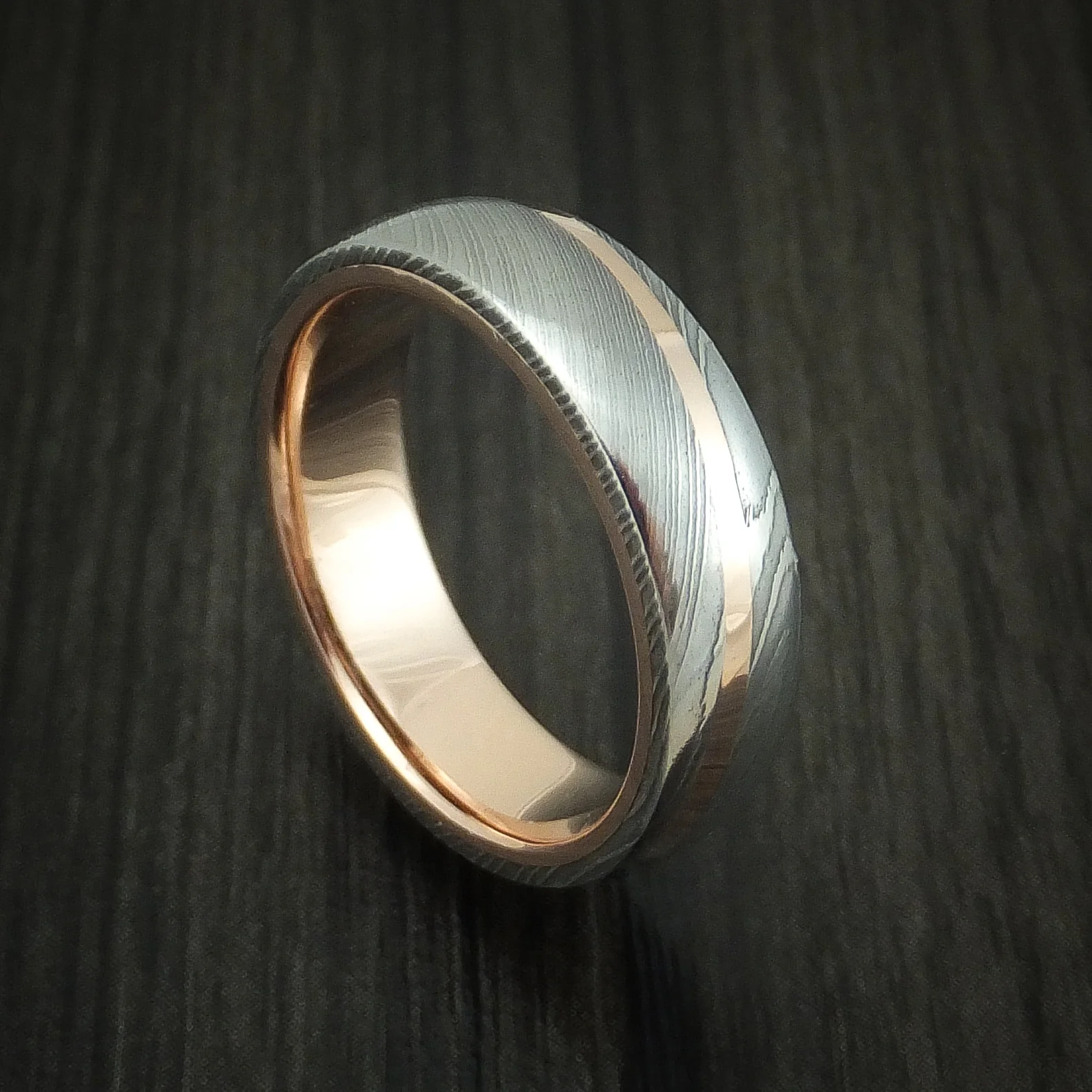 Damascus Steel Diagonal 14K Rose Gold Men's Ring Wedding Band Custom Made