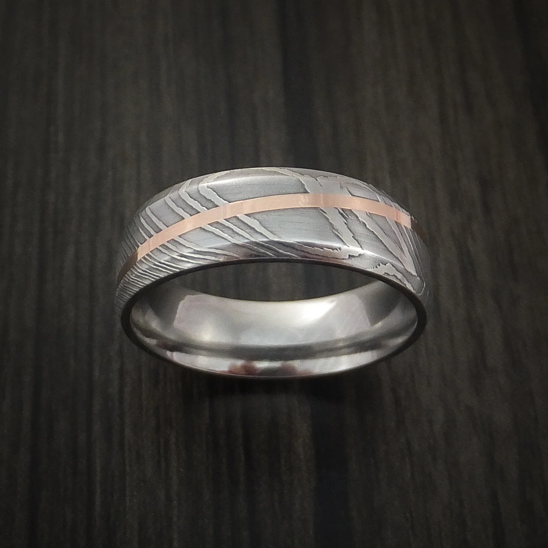 Damascus Steel Diagonal 14K Rose Gold Men's Ring Wedding Band Custom Made - Image 2