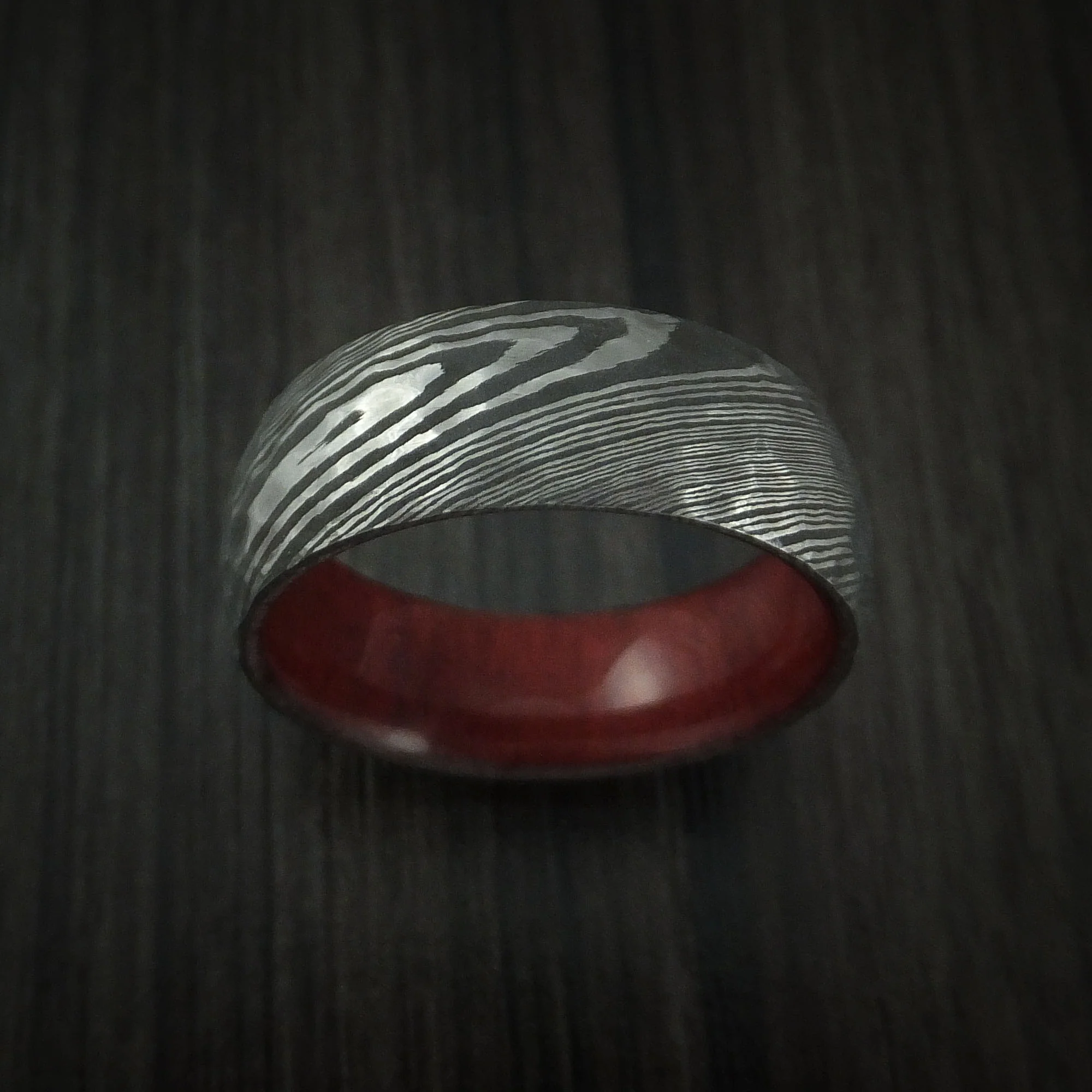 Damascus Steel Hammered Men's Ring with Red Heart Wood Sleeve Custom Made - Image 2