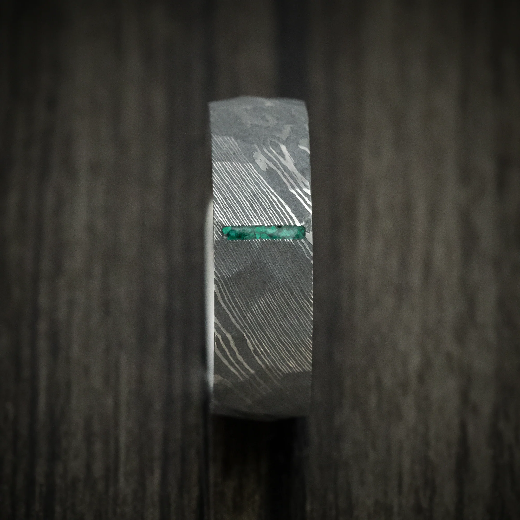 Damascus Steel Men's Ring with Stone Vertical Inlay Custom Made Band - Image 3
