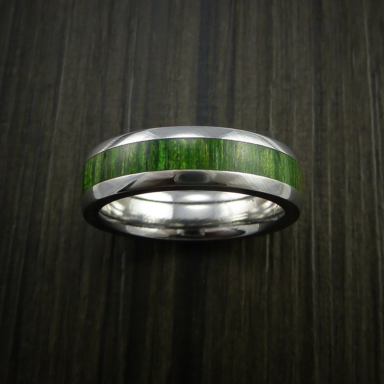 Damascus Steel Men's Ring Inlaid with Jade Hard Wood Custom Made - Image 2