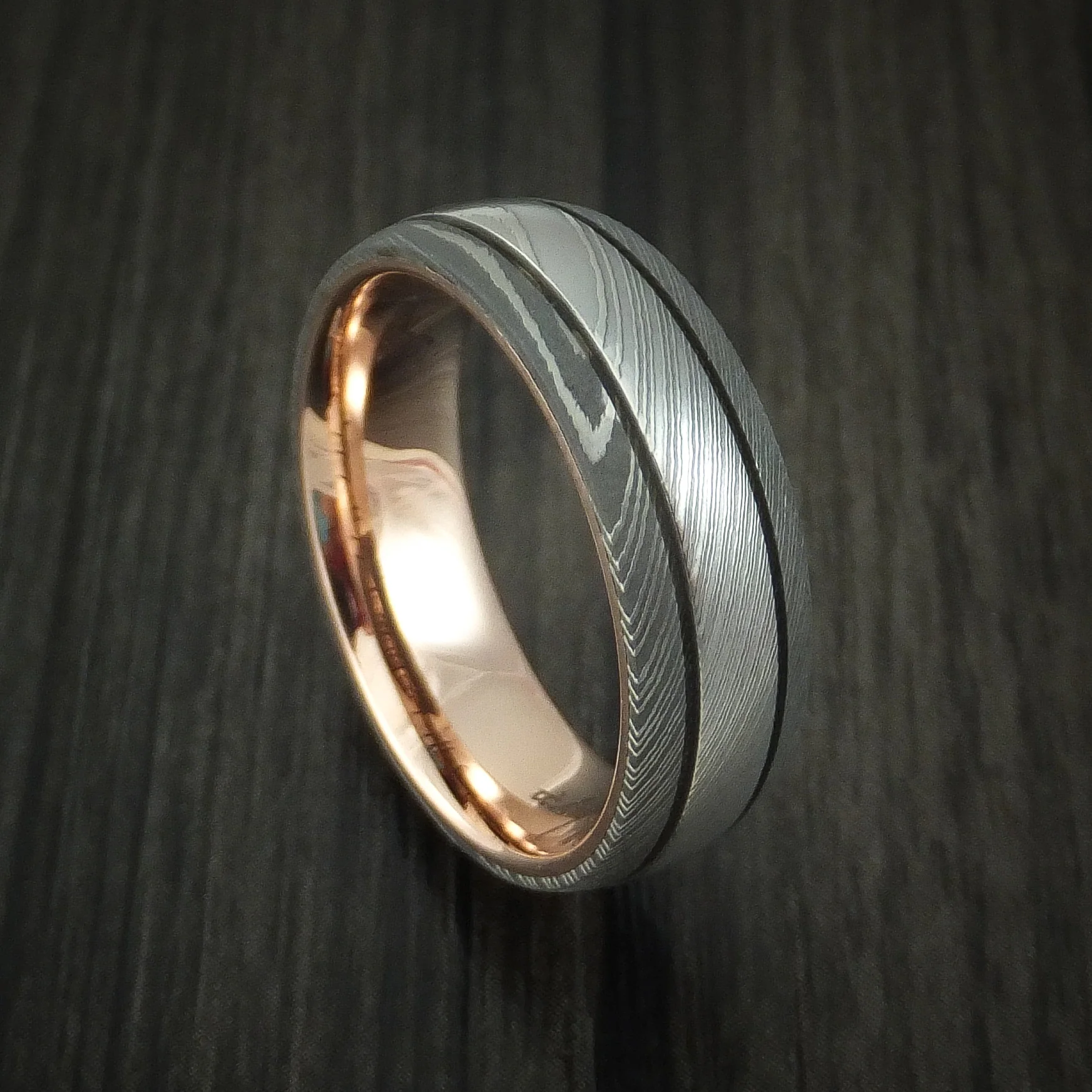 Damascus Steel Men's Ring with 14k Rose Gold Sleeve Custom Made Band
