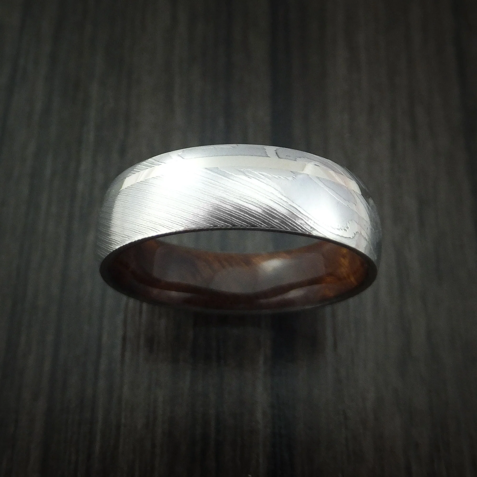 Damascus Steel Men's Ring with 14k White Gold Inlay and Hardwood Interior Sleeve Custom Made Band - Image 2