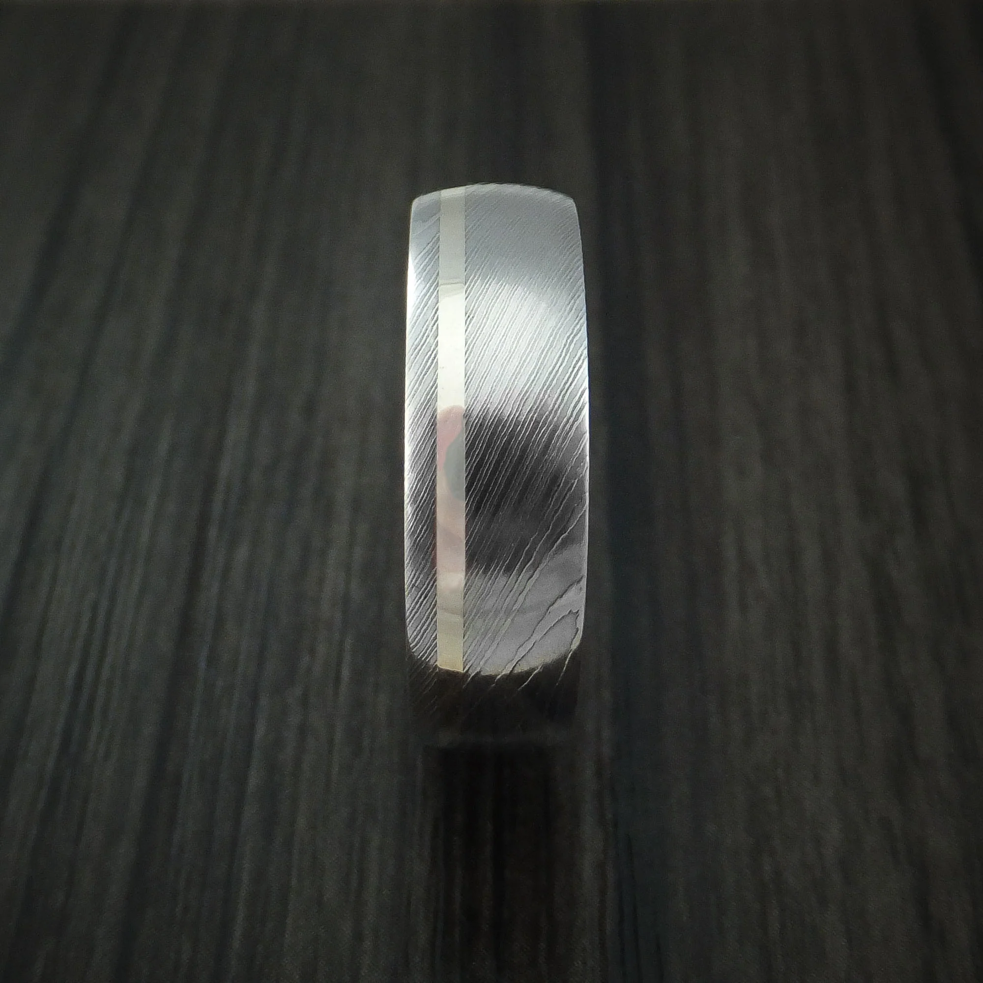 Damascus Steel Men's Ring with 14k White Gold Inlay and Hardwood Interior Sleeve Custom Made Band - Image 3