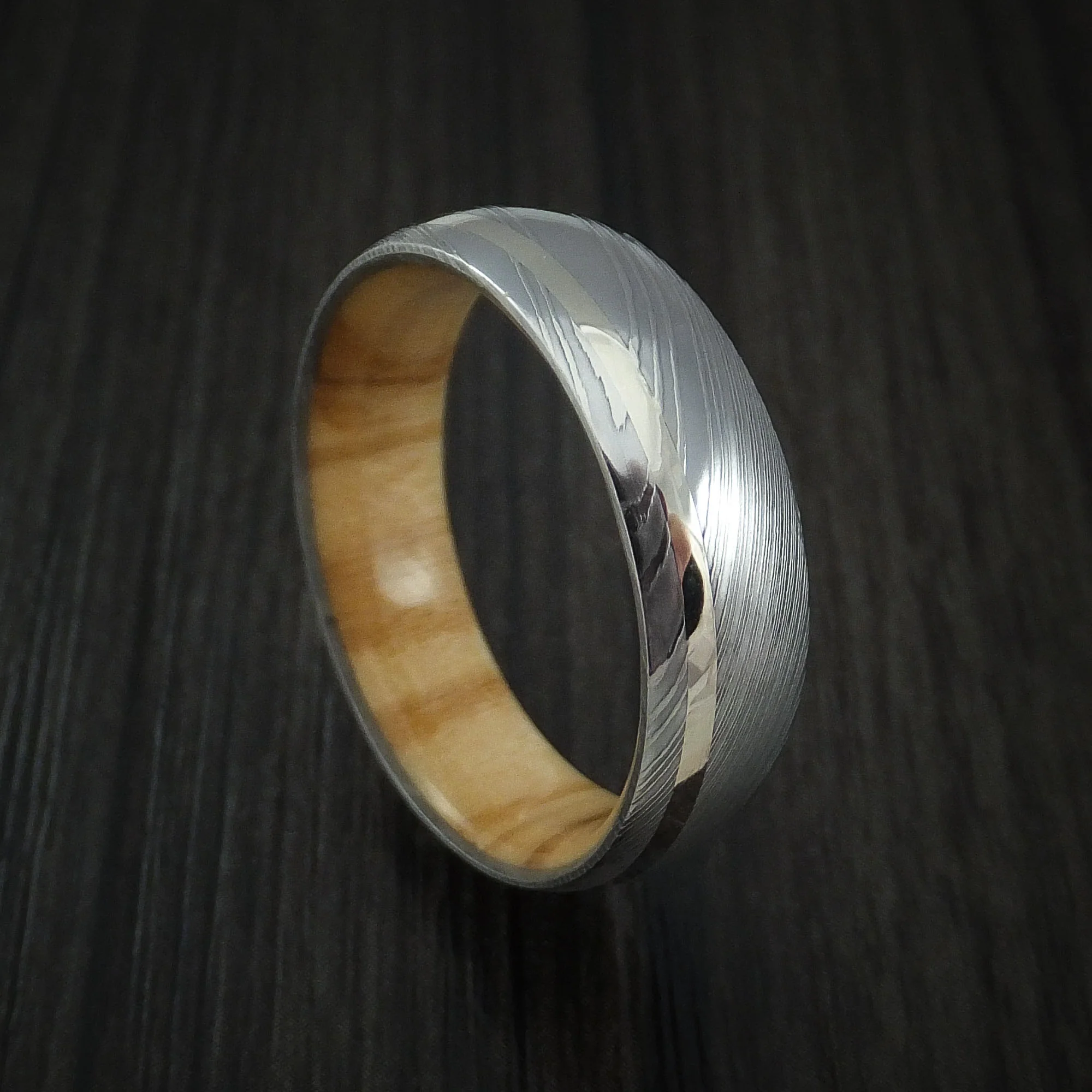 Damascus Steel Men's Ring with 14k White Gold Inlay and Olive Wood Hardwood Interior Sleeve Custom Made Band