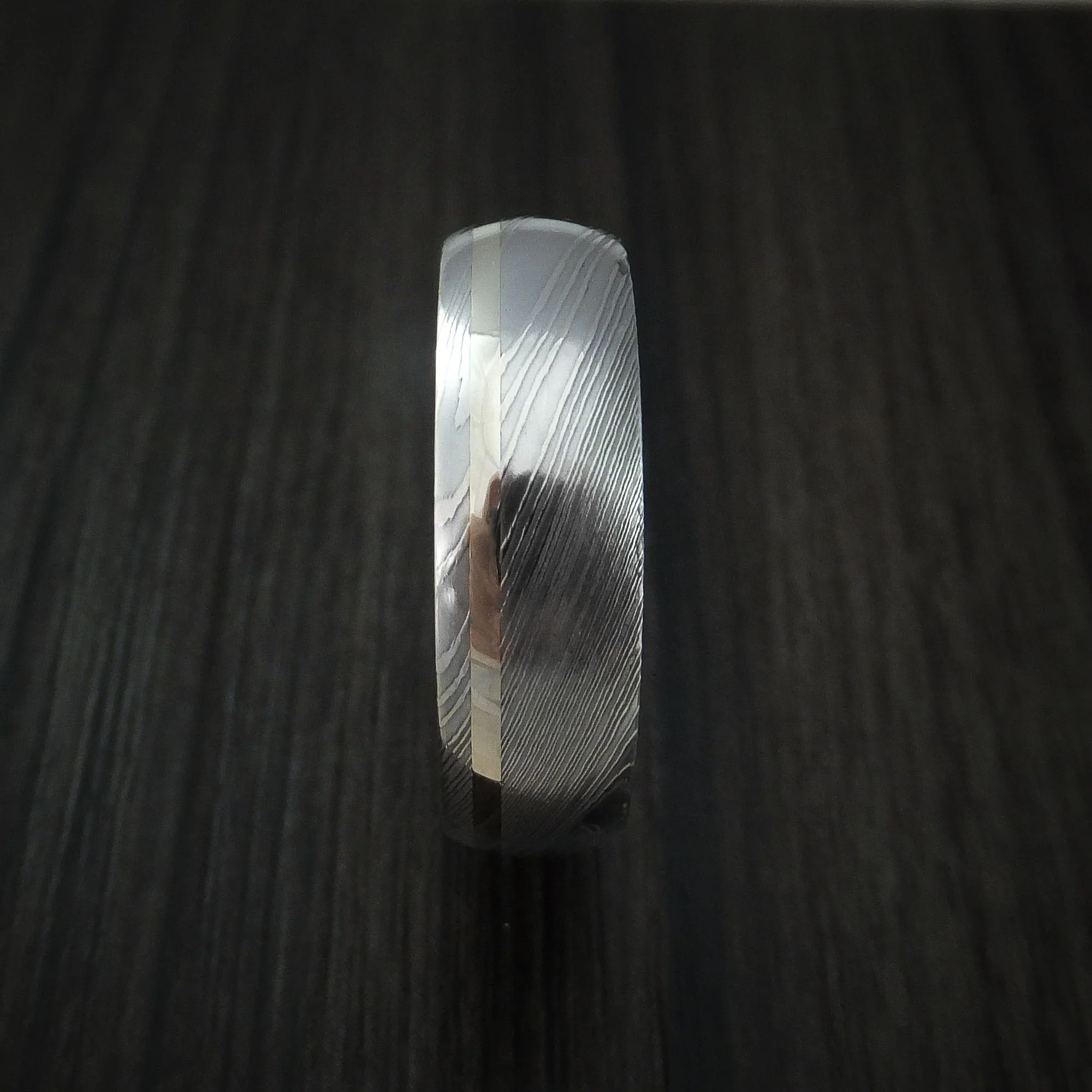 Damascus Steel Men's Ring with 14k White Gold Inlay and Olive Wood Hardwood Interior Sleeve Custom Made Band - Image 3