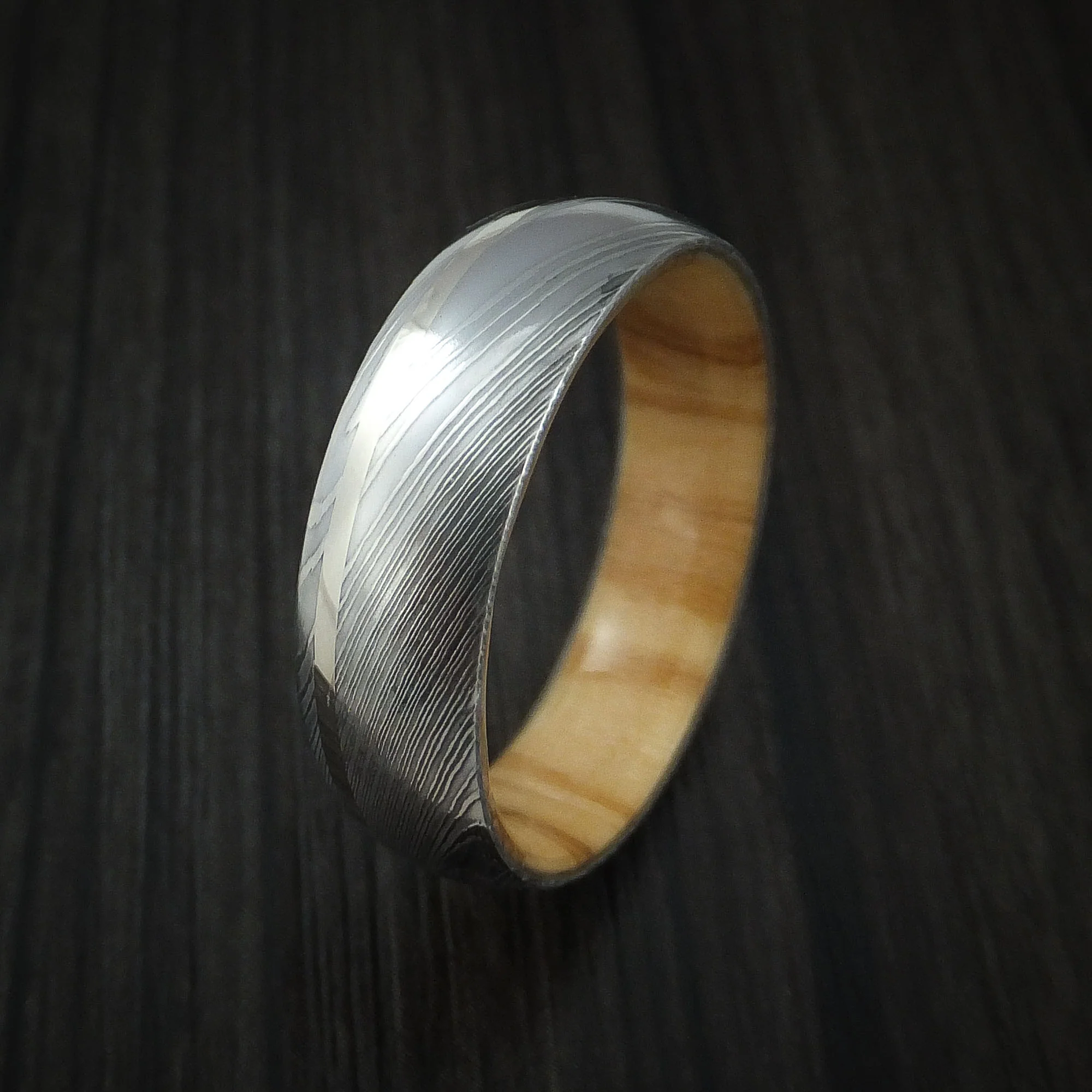 Damascus Steel Men's Ring with 14k White Gold Inlay and Olive Wood Hardwood Interior Sleeve Custom Made Band - Image 4