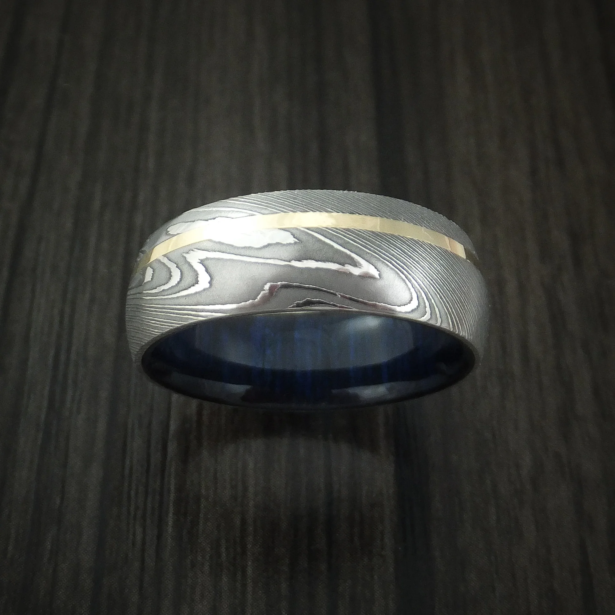 Damascus Steel Men's Ring with 14K Yellow Gold Inlay and Blueberry Wood Hardwood Sleeve Custom Made Wood Band - Image 2