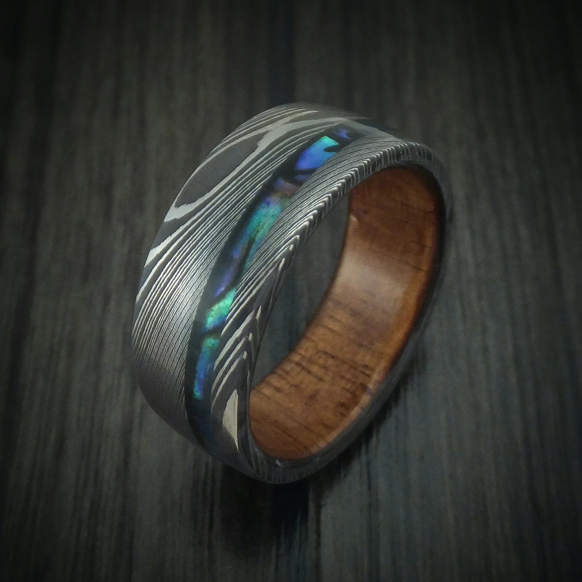 Damascus Steel Men's Ring with Abalone and Wood Sleeve Custom Made - Image 4