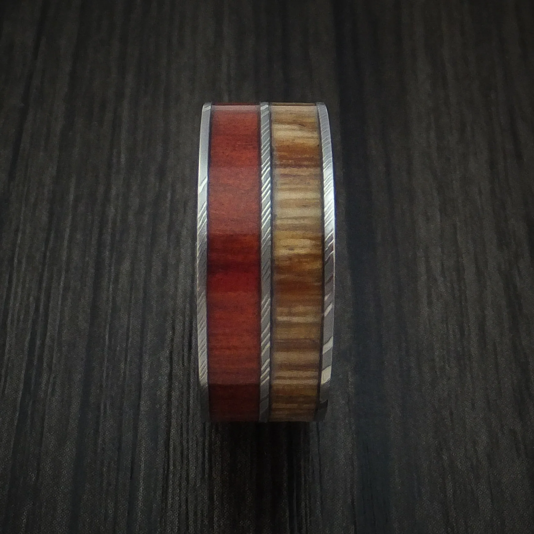 Damascus Steel Men's Ring with Teak and Red Heart Hardwood Inlays Custom Made Band - Image 3
