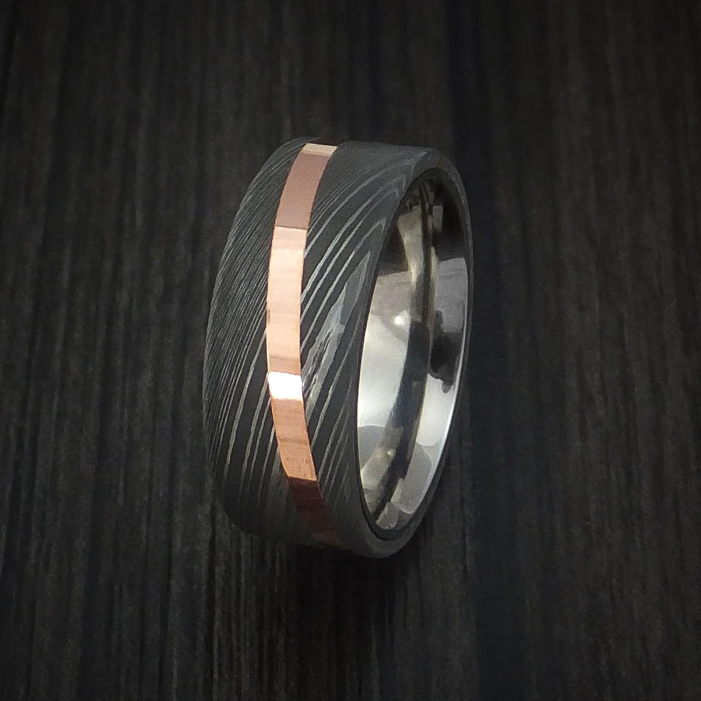 Damascus Steel Men's Ring with Angled Copper Inlay and Titanium Sleeve Custom Made Band - Image 4