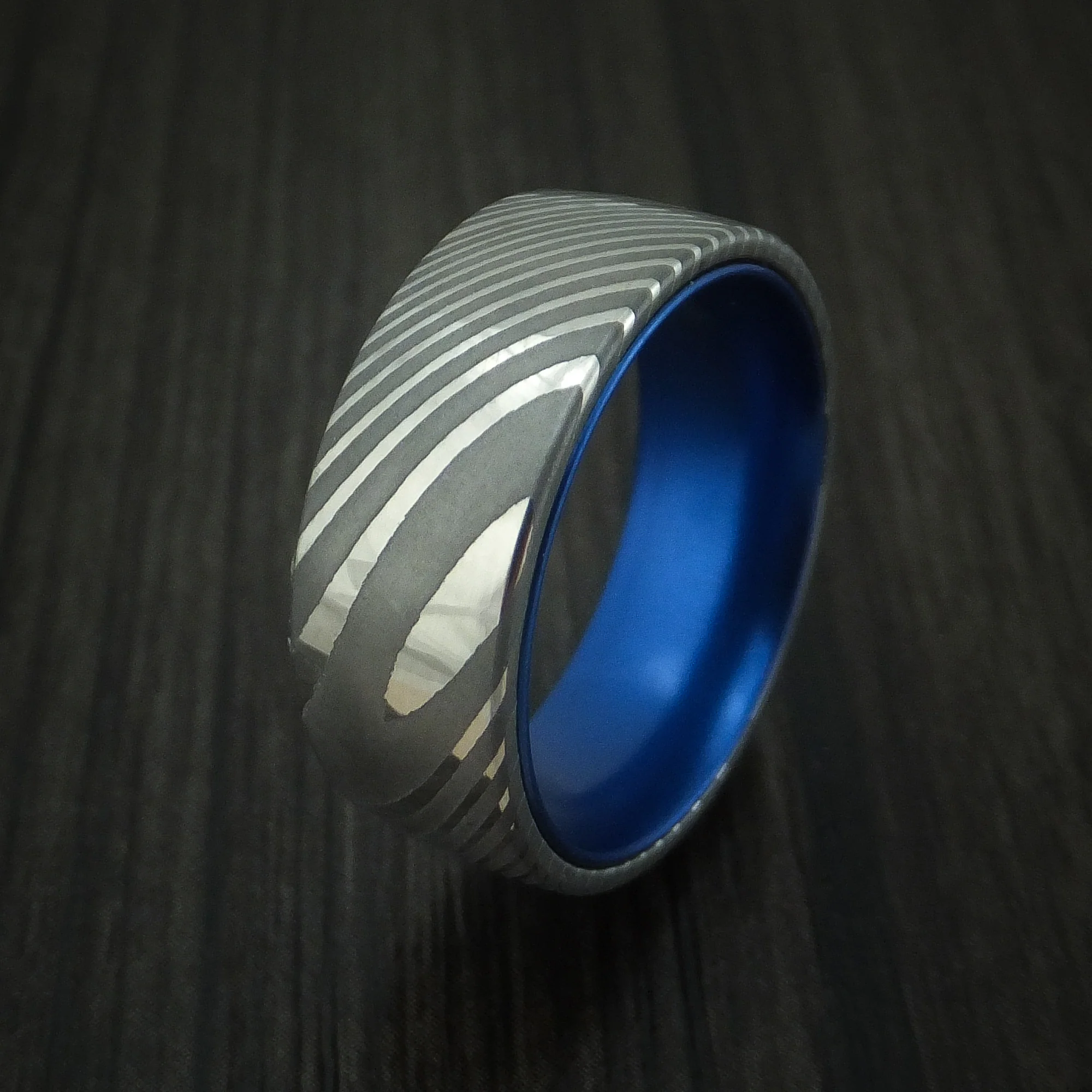 Damascus Steel Men's Ring with Anodized Sleeve Custom Made - Image 3