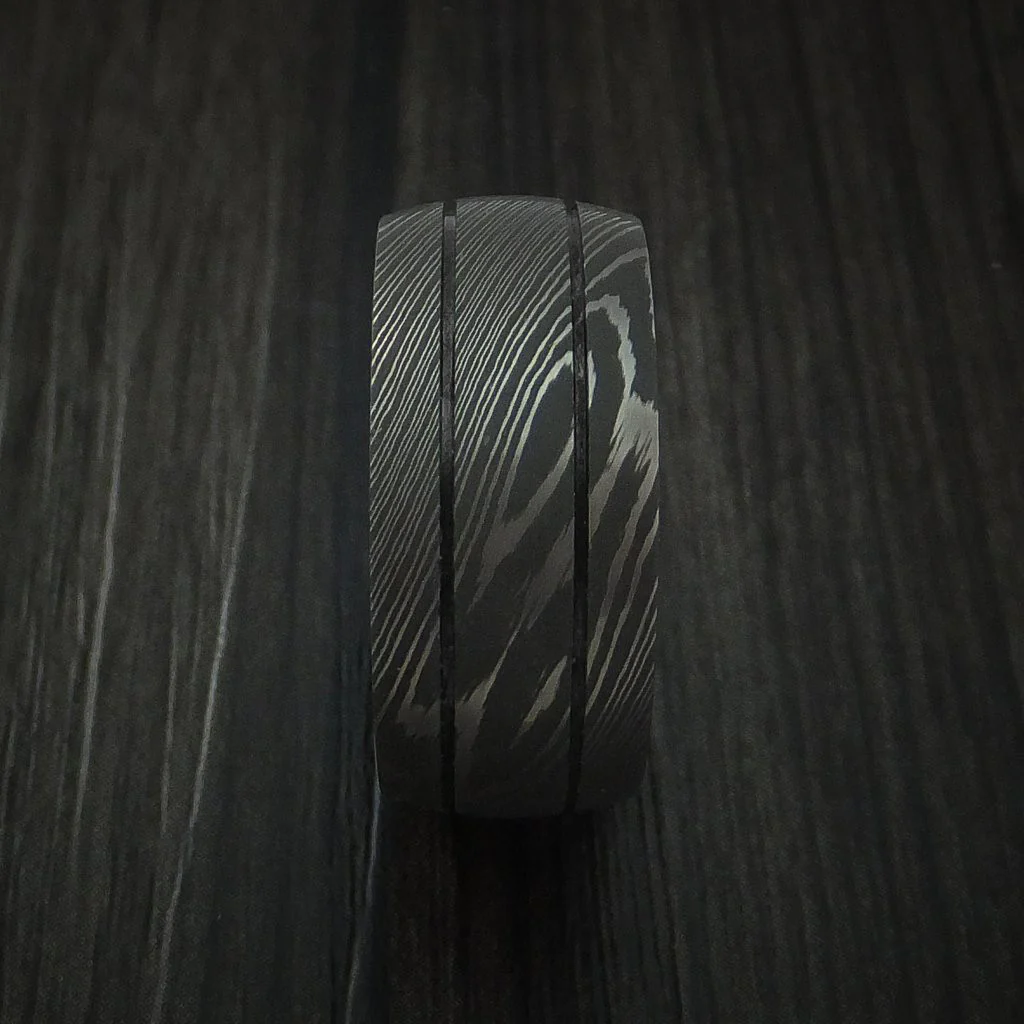 Damascus Steel Men's Ring with Anodized Titanium Interior Sleeve Custom Made - Image 3