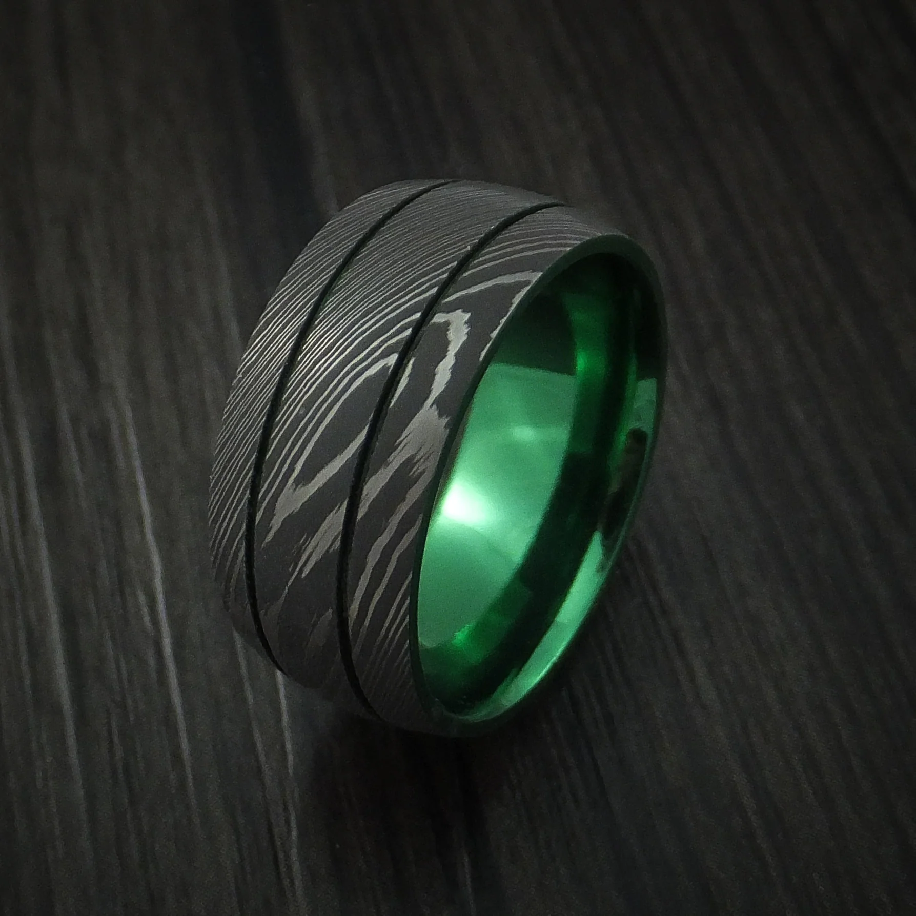 Damascus Steel Men's Ring with Anodized Titanium Interior Sleeve Custom Made - Image 4
