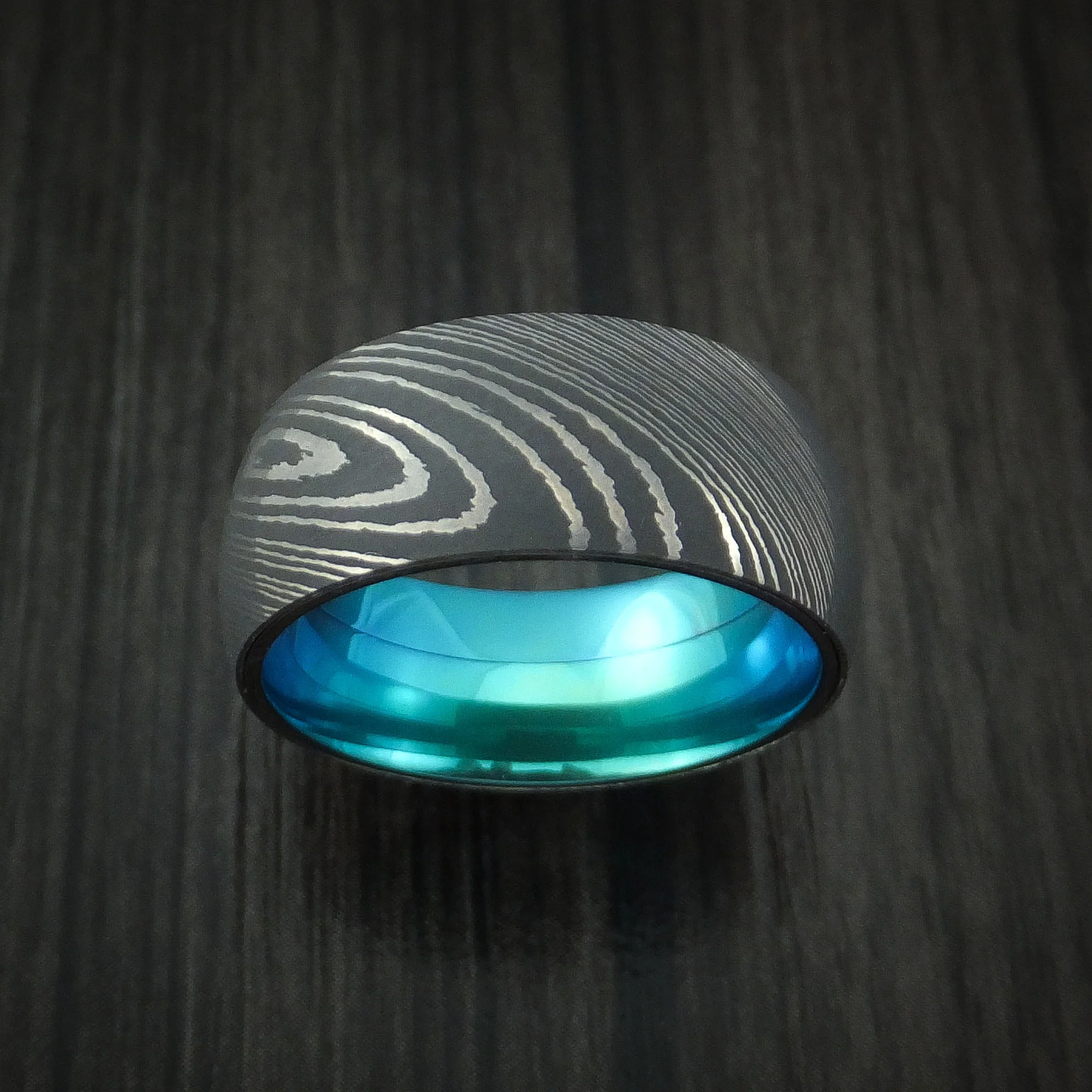 Damascus Steel Men's Ring with Anodized Titanium Interior Sleeve Custom Made - Image 2