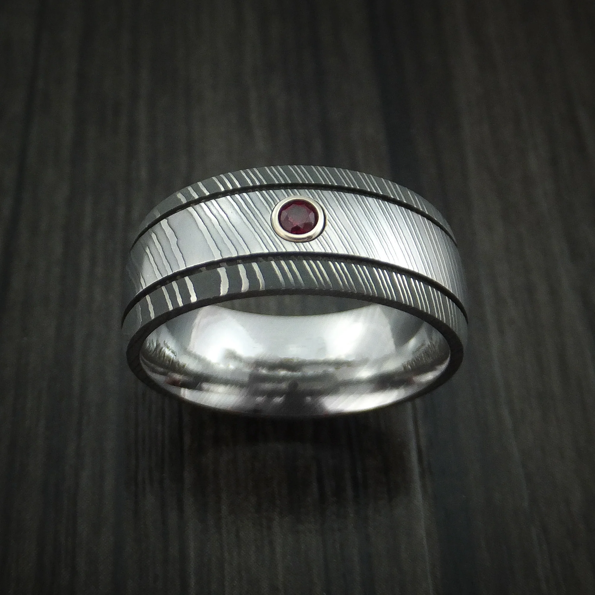 Damascus Steel Men's Ring with Bezel Set Ruby Custom Made Band - Image 2