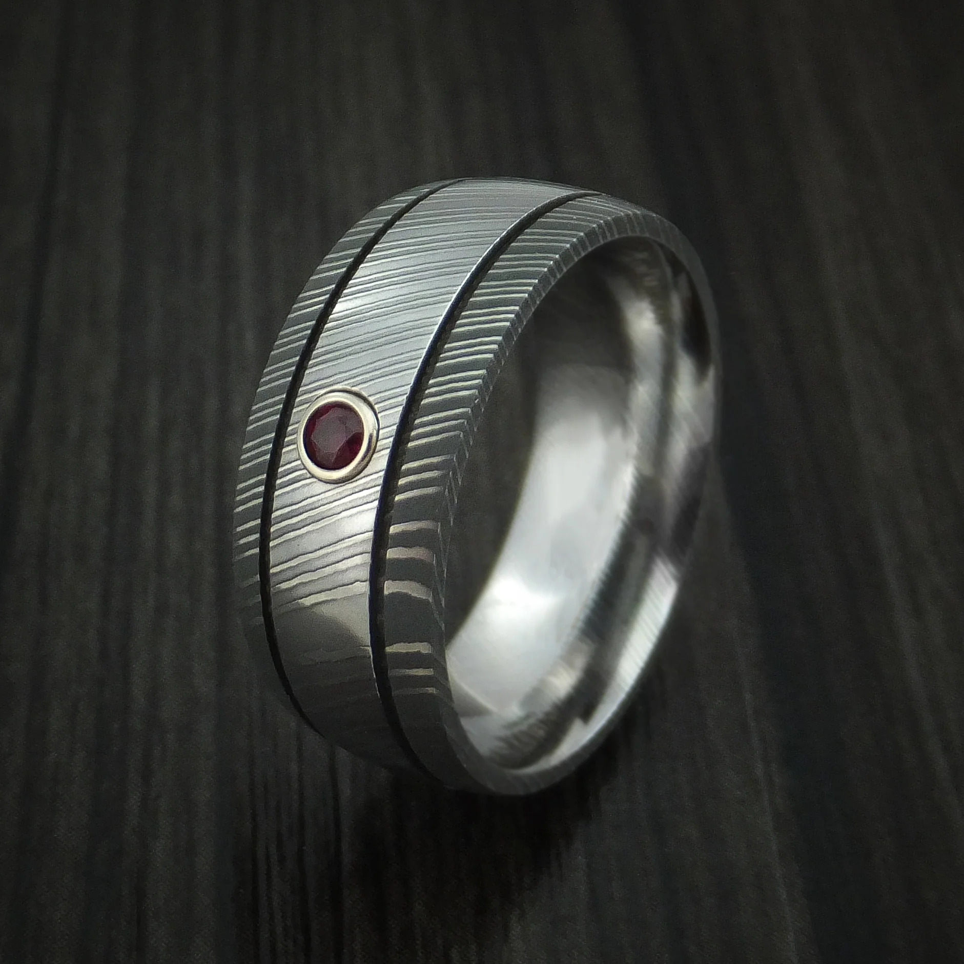 Damascus Steel Men's Ring with Bezel Set Ruby Custom Made Band - Image 4