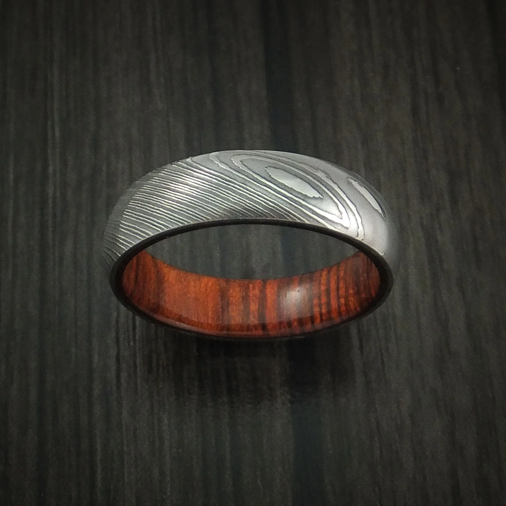 Damascus Steel Men's Ring with Hardwood Interior Sleeve Custom Made - Image 2