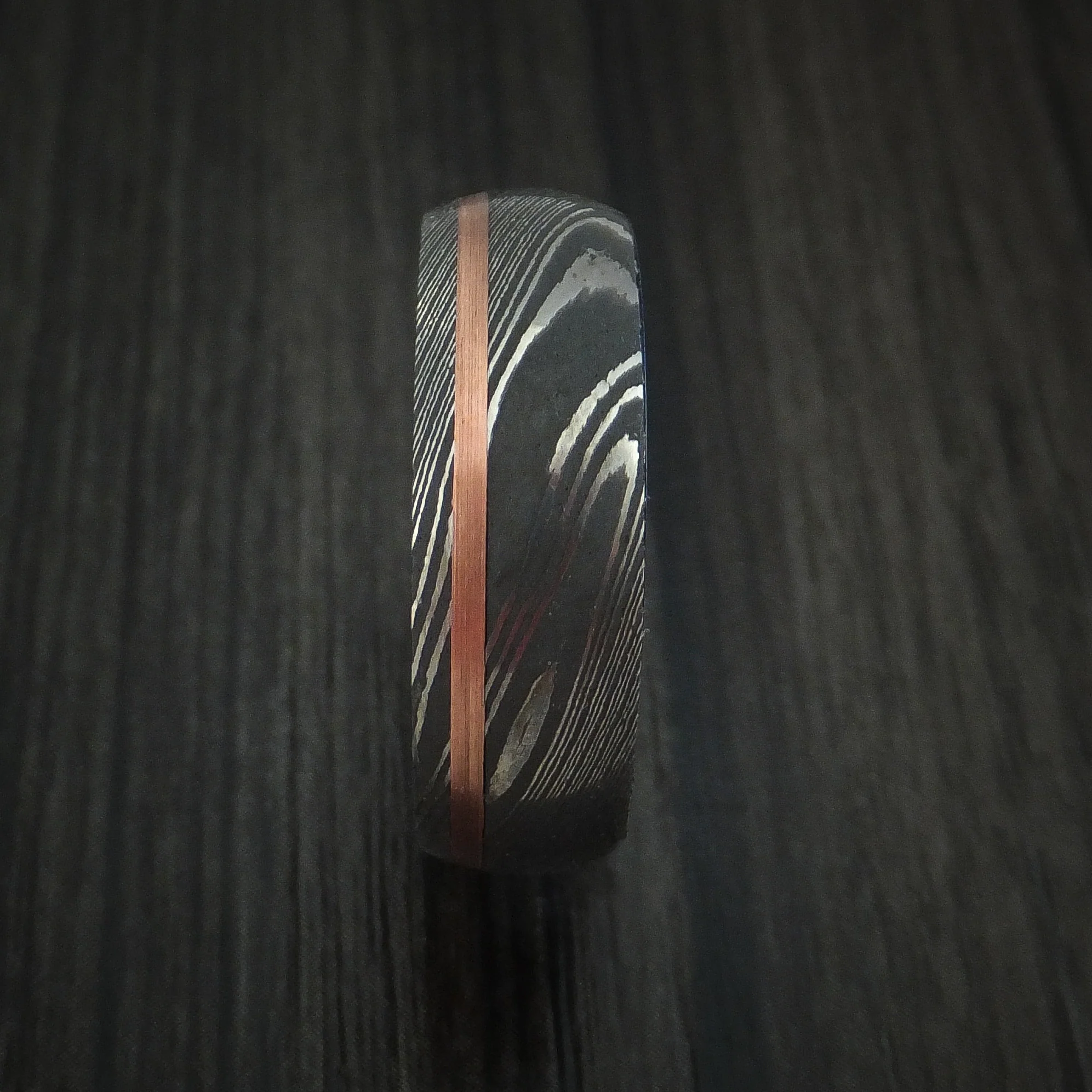 Damascus Steel Men's Ring with Copper Inlay and Anodized Titanium Interior Sleeve Custom Made Band - Image 3