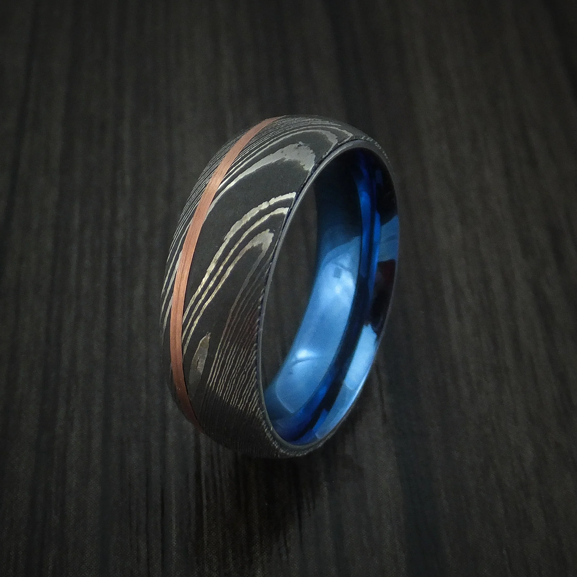 Damascus Steel Men's Ring with Copper Inlay and Anodized Titanium Interior Sleeve Custom Made Band - Image 4