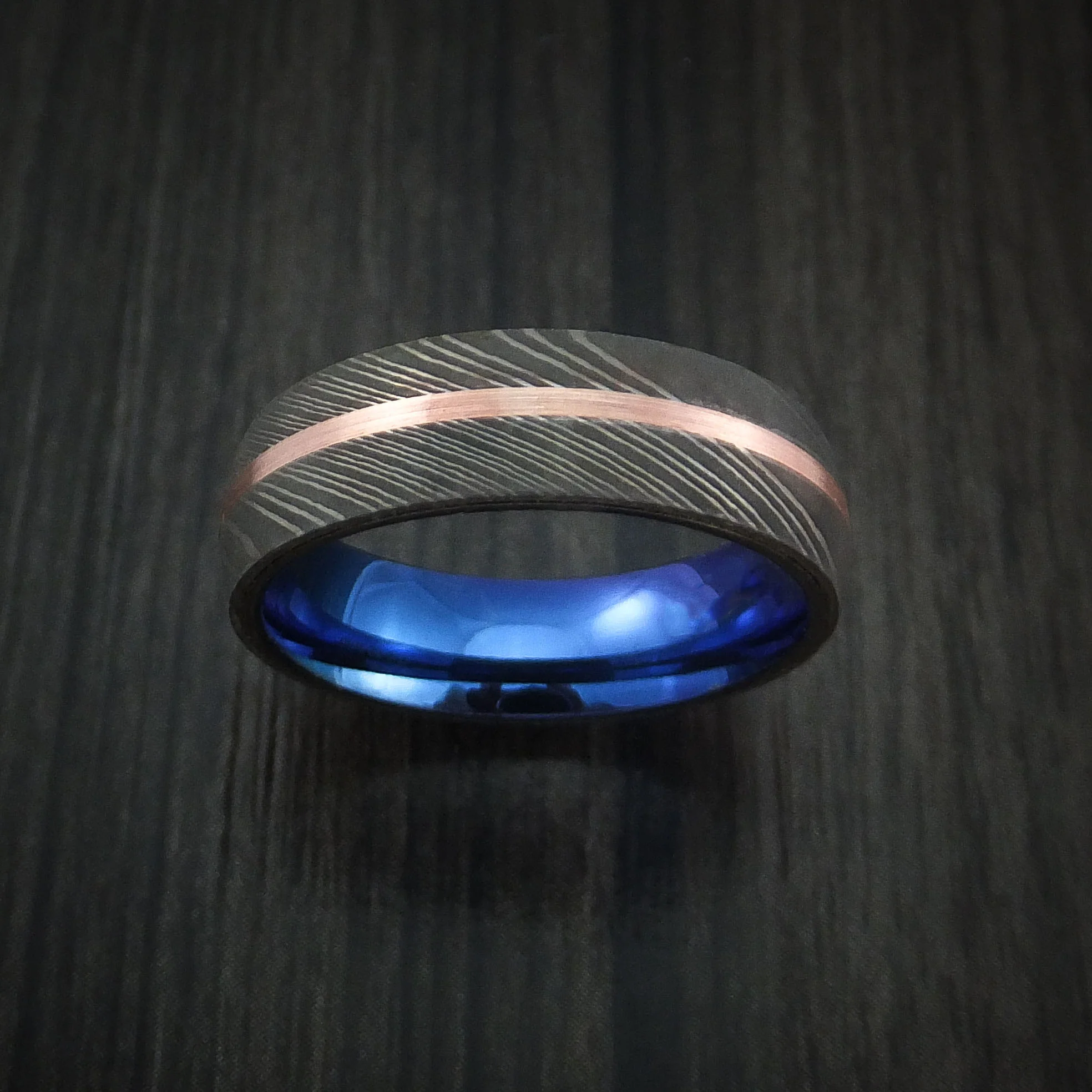 Damascus Steel Men's Ring with Copper Inlay and Anodized Titanium Interior Sleeve Custom Made Band - Image 2