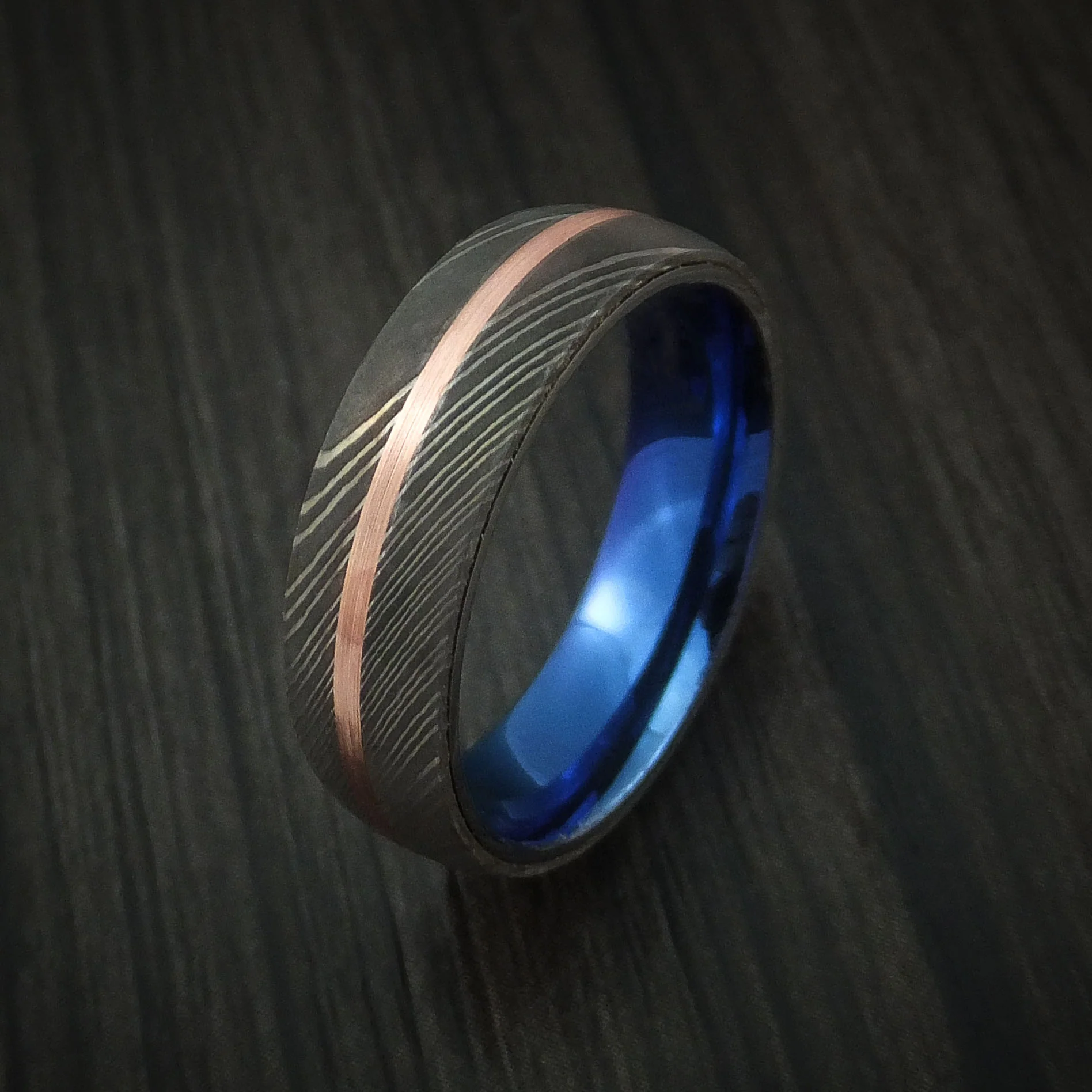 Damascus Steel Men's Ring with Copper Inlay and Anodized Titanium Interior Sleeve Custom Made Band - Image 4