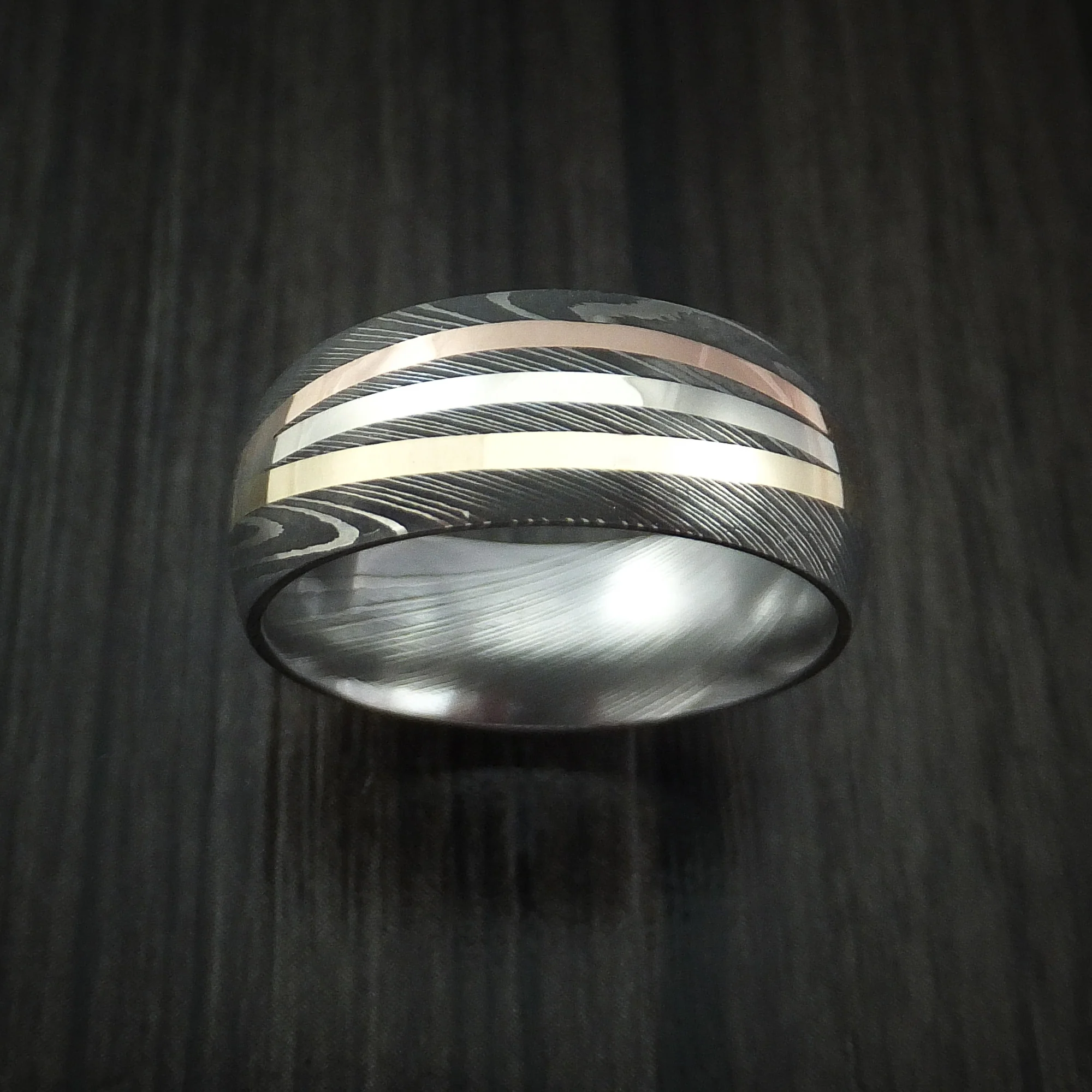 Damascus Steel Men's Ring with Diagonal 14K Gold Inlays Wedding Band Custom Made - Image 3