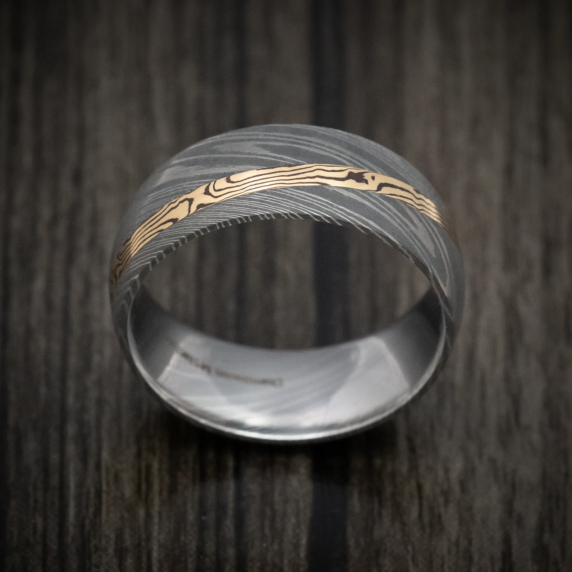 Damascus Steel Men's Ring With Diagonal Mokume Shakudo Inlay Custom Made - Image 2