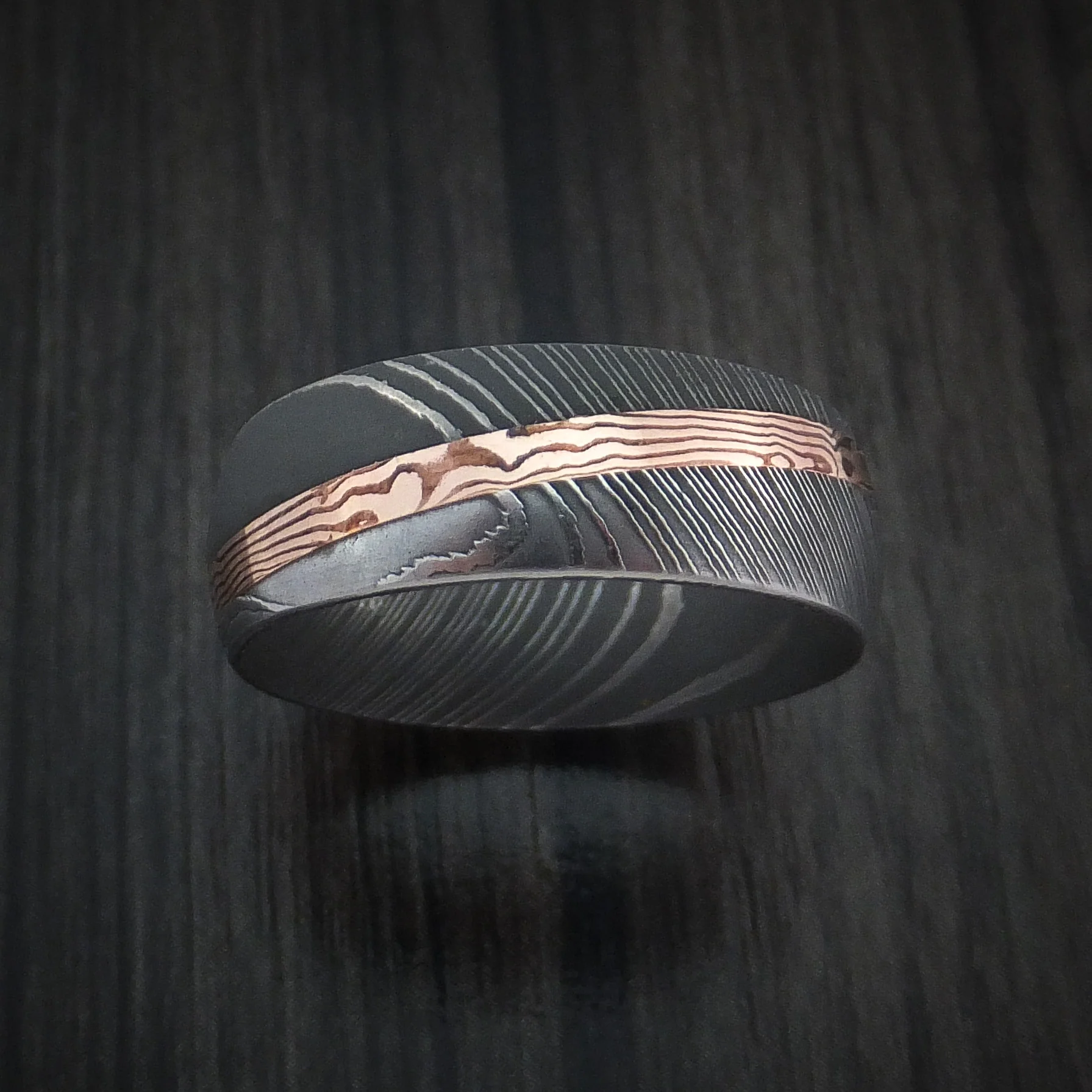 Damascus Steel Men's Ring with Diagonal Rose Gold Mokume Inlay Custom Made - Image 2