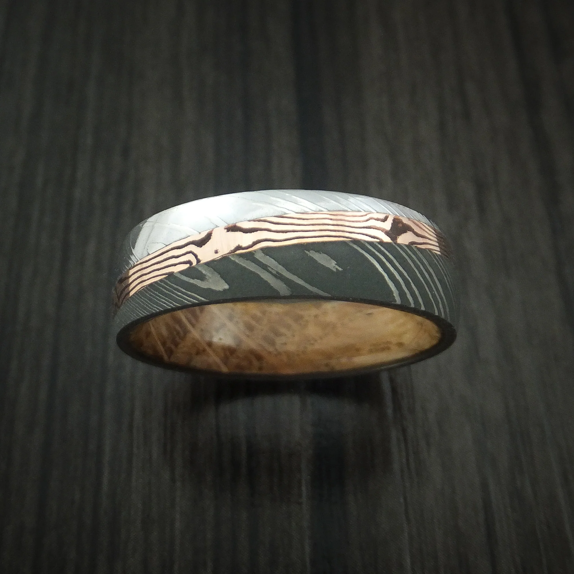 Damascus Steel Men's Ring with Diagonal Rose Gold Mokume Shakudo Inlay and Whiskey Barrel Wood Sleeve Custom Made - Image 2