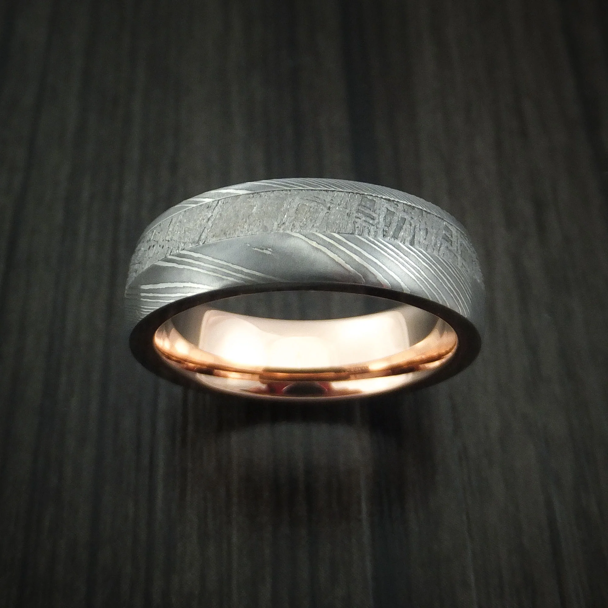 Damascus Steel Men's Ring with Gibeon Meteorite and 14K Rose Gold Sleeve Custom Made Band - Image 2