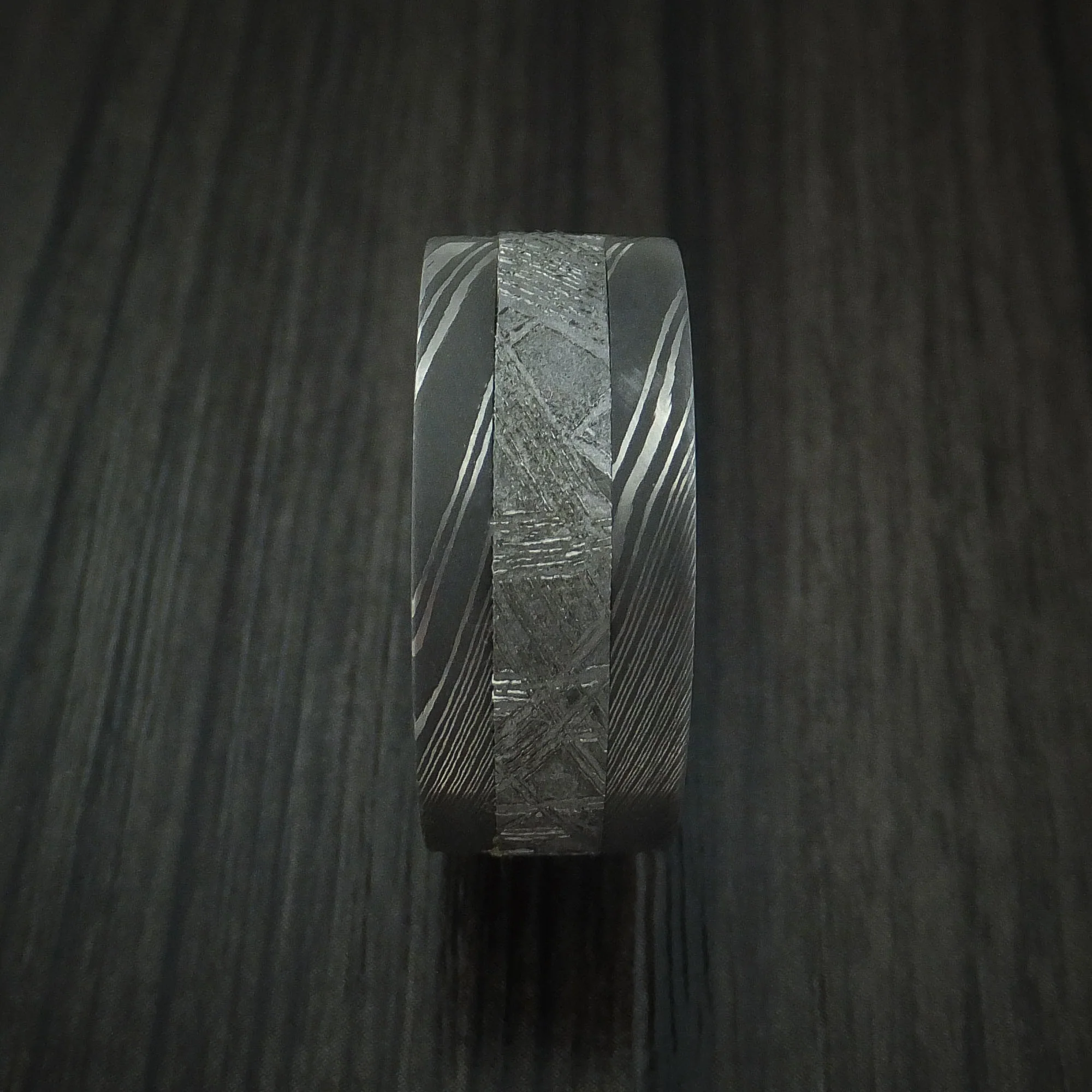 Damascus Steel Men's Ring with Gibeon Meteorite and Hardwood Sleeve Custom Made Band - Image 3