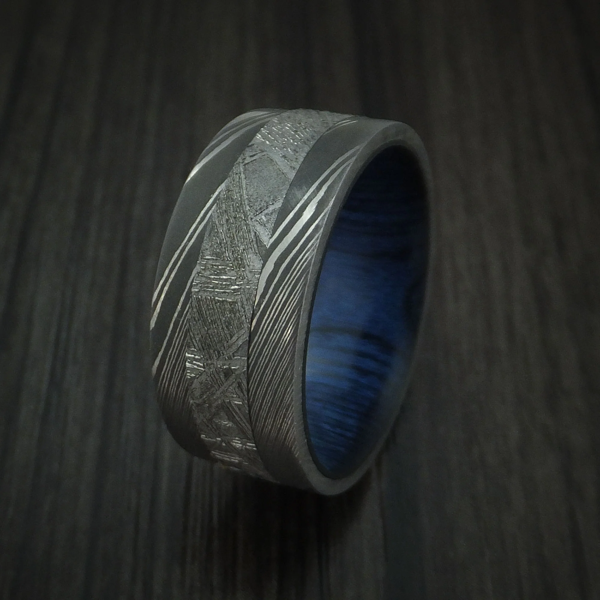 Damascus Steel Men's Ring with Gibeon Meteorite and Hardwood Sleeve Custom Made Band - Image 4
