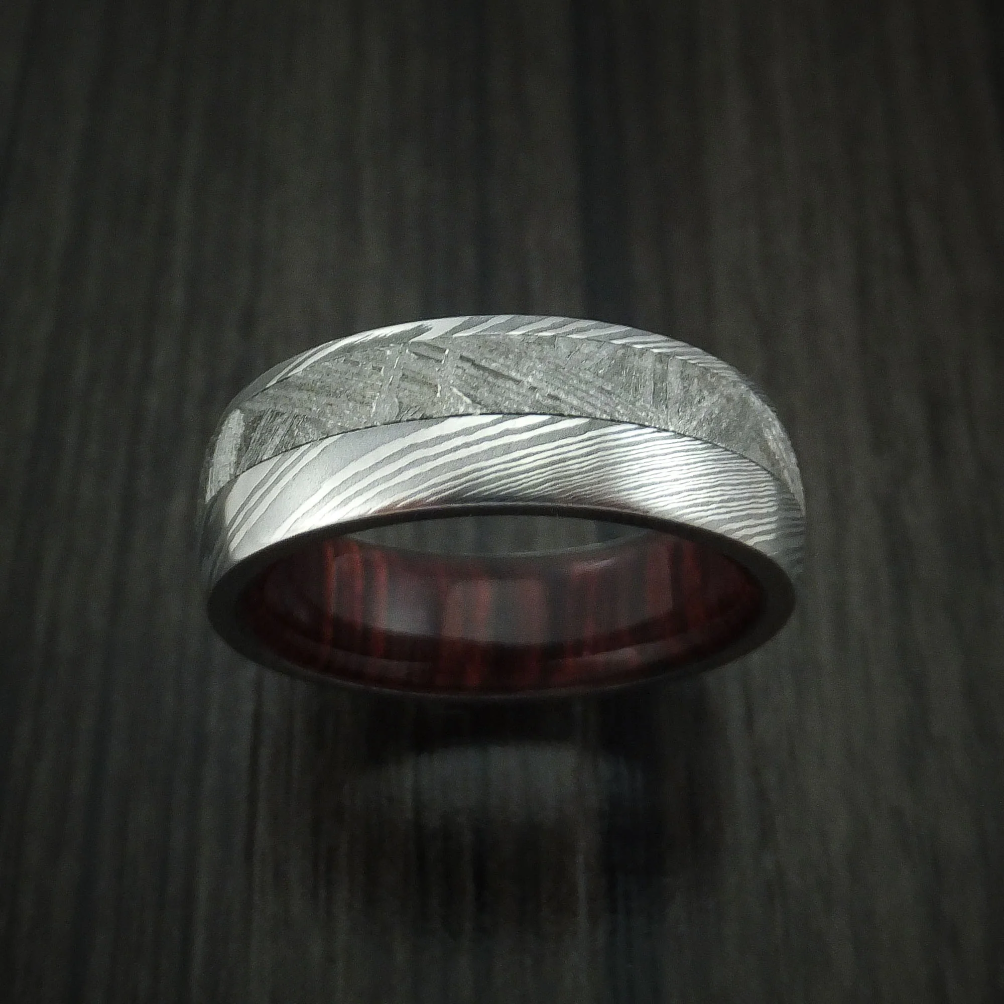 Damascus Steel Ring with Gibeon Meteorite and Red Heart Wood Hardwood Sleeve Custom Made Band - Image 2