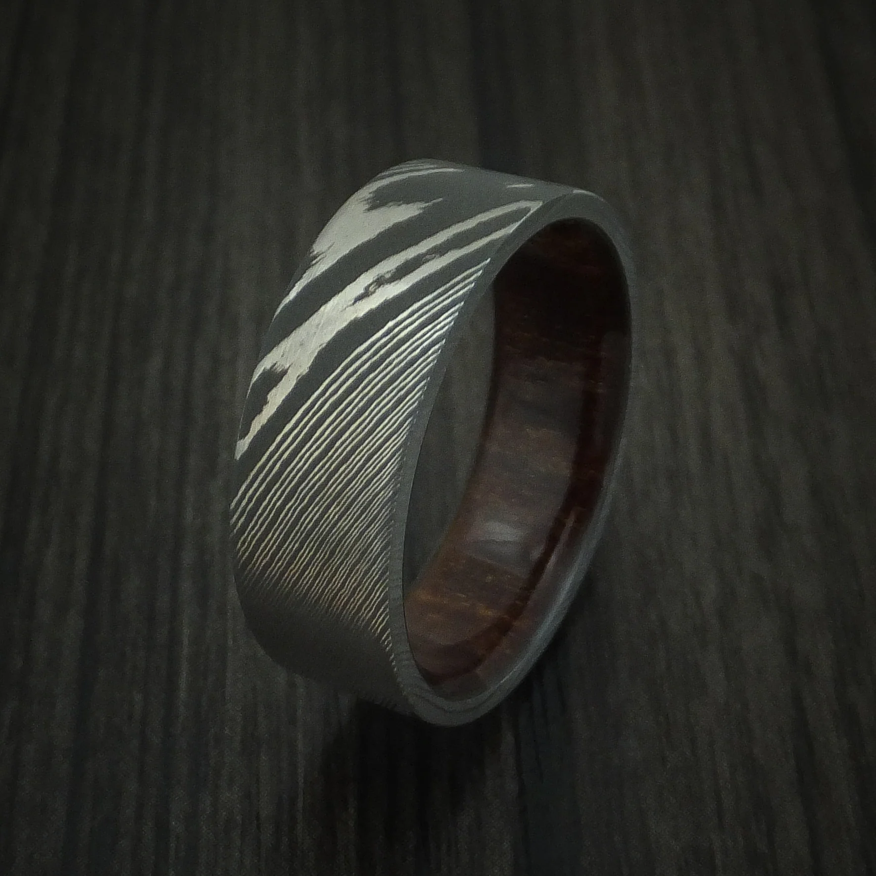 Damascus Steel Men's Ring with Hardwood Interior Sleeve Custom Made - Image 4