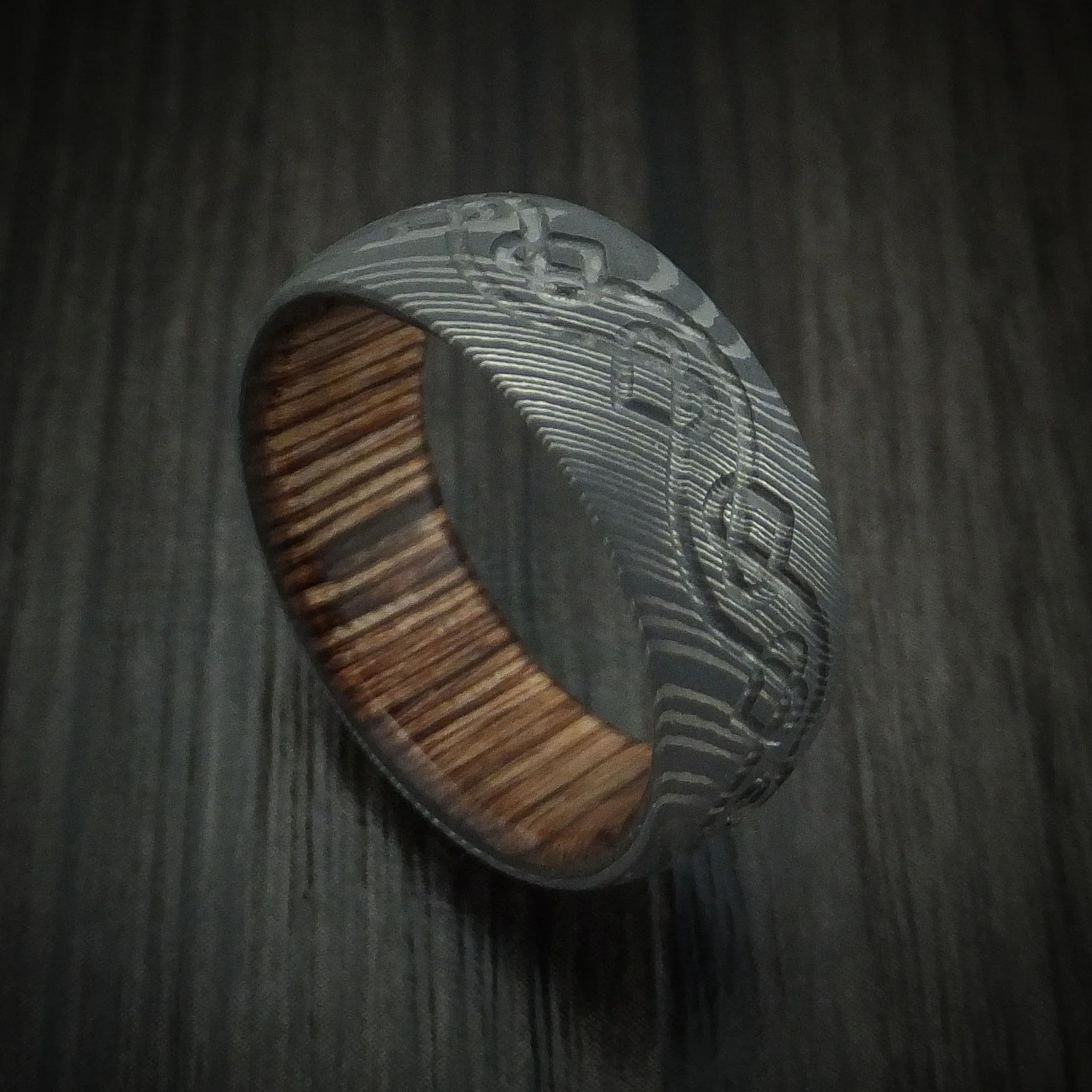 Damascus Steel Men's Ring with Milled Celtic Heart Design and Interior Hardwood Sleeve Custom Made Band