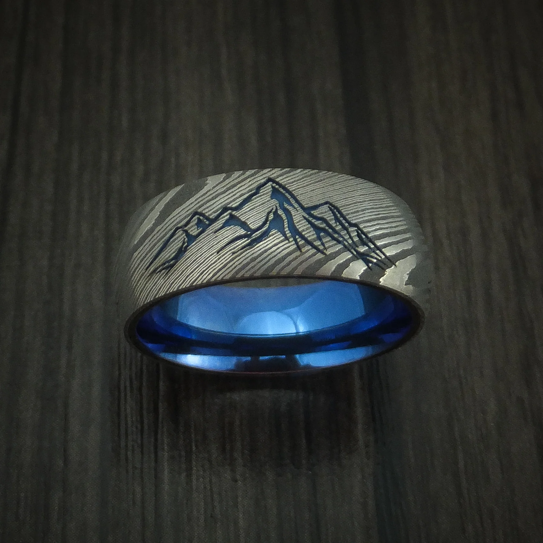 Damascus Steel Men's Ring with Mountain Range and Anodized Titanium Interior Sleeve Custom Made - Image 2