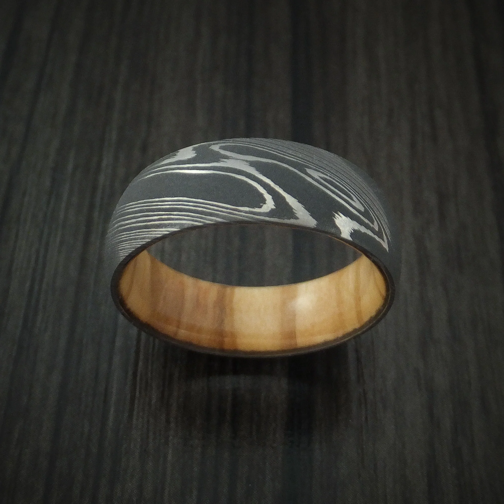 Damascus Steel Men's Ring with Olive Wood Hardwood Interior Sleeve Custom Made - Image 2