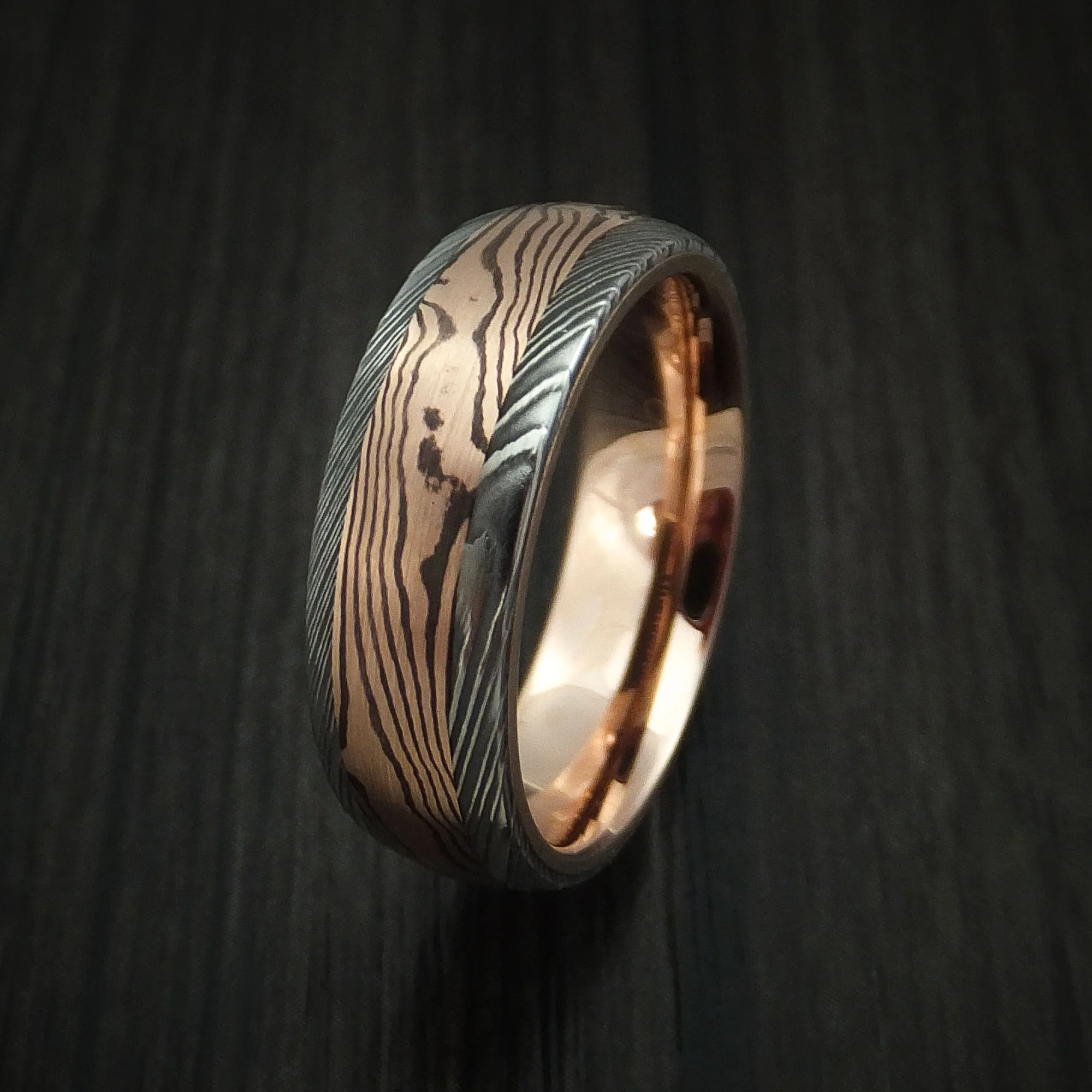 Damascus Steel Men's Ring with Rose Gold Mokume and Rose Gold Sleeve Custom Made Band - Image 4