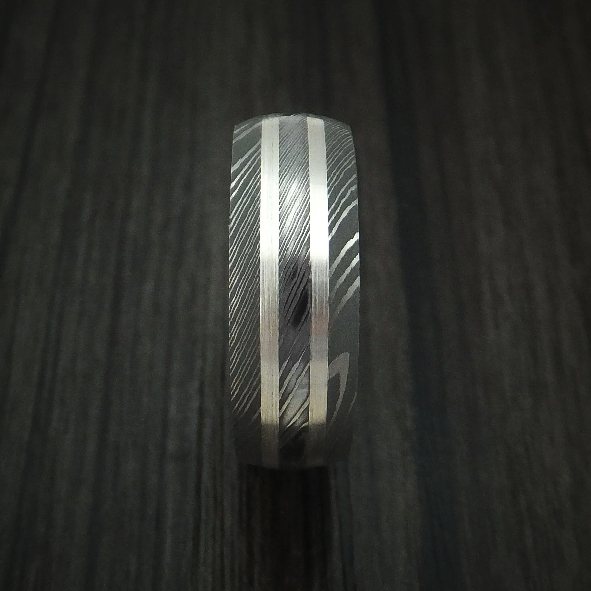 Damascus Steel Men's Ring with Silver Inlays and Koa Hard Wood Sleeve - Image 3