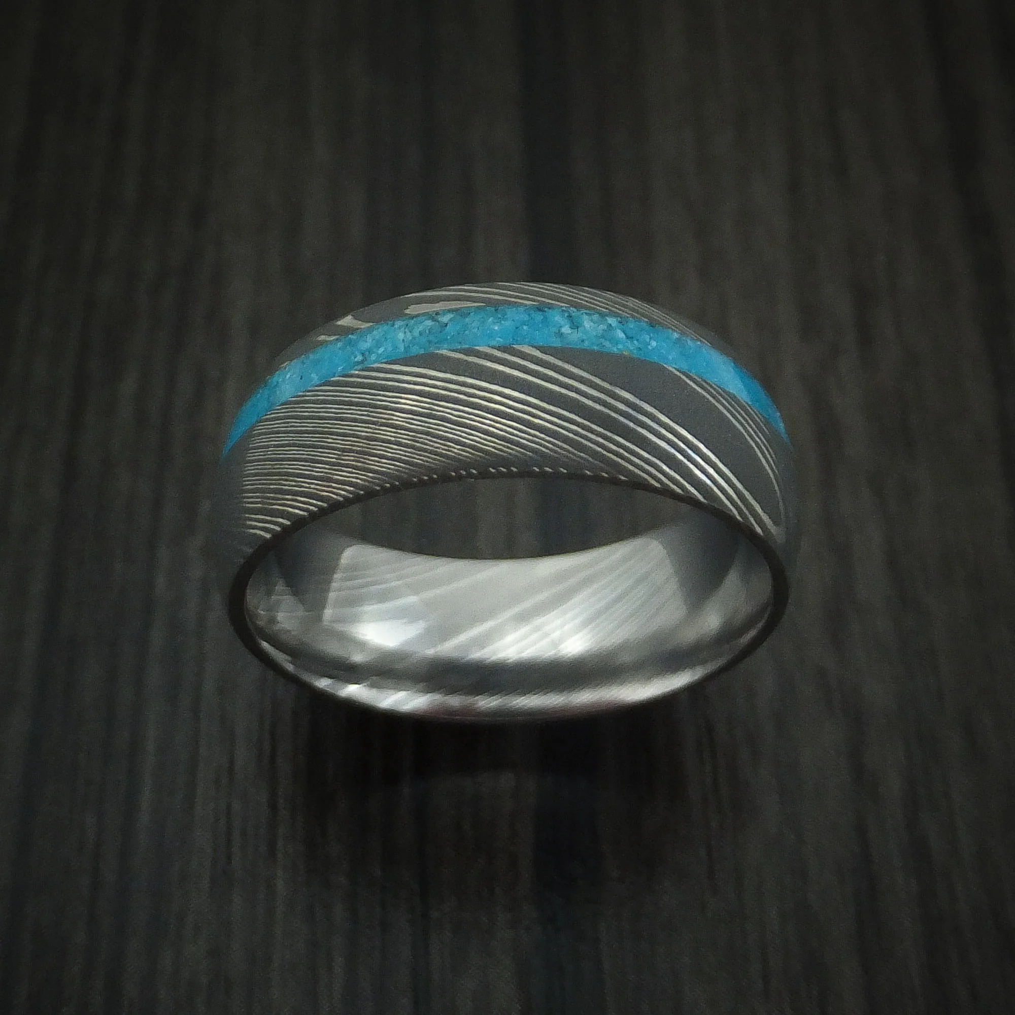 Damascus Steel Men's Ring with Turquoise Inlay Custom Made Band - Image 2