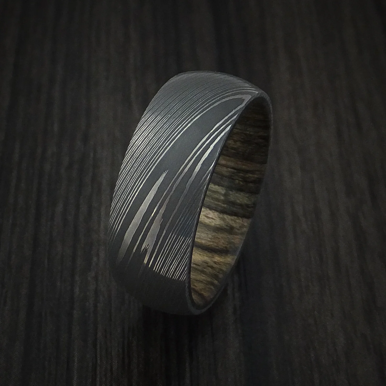 Damascus Steel Men's Ring with Hardwood Sleeve Custom Made - Image 4
