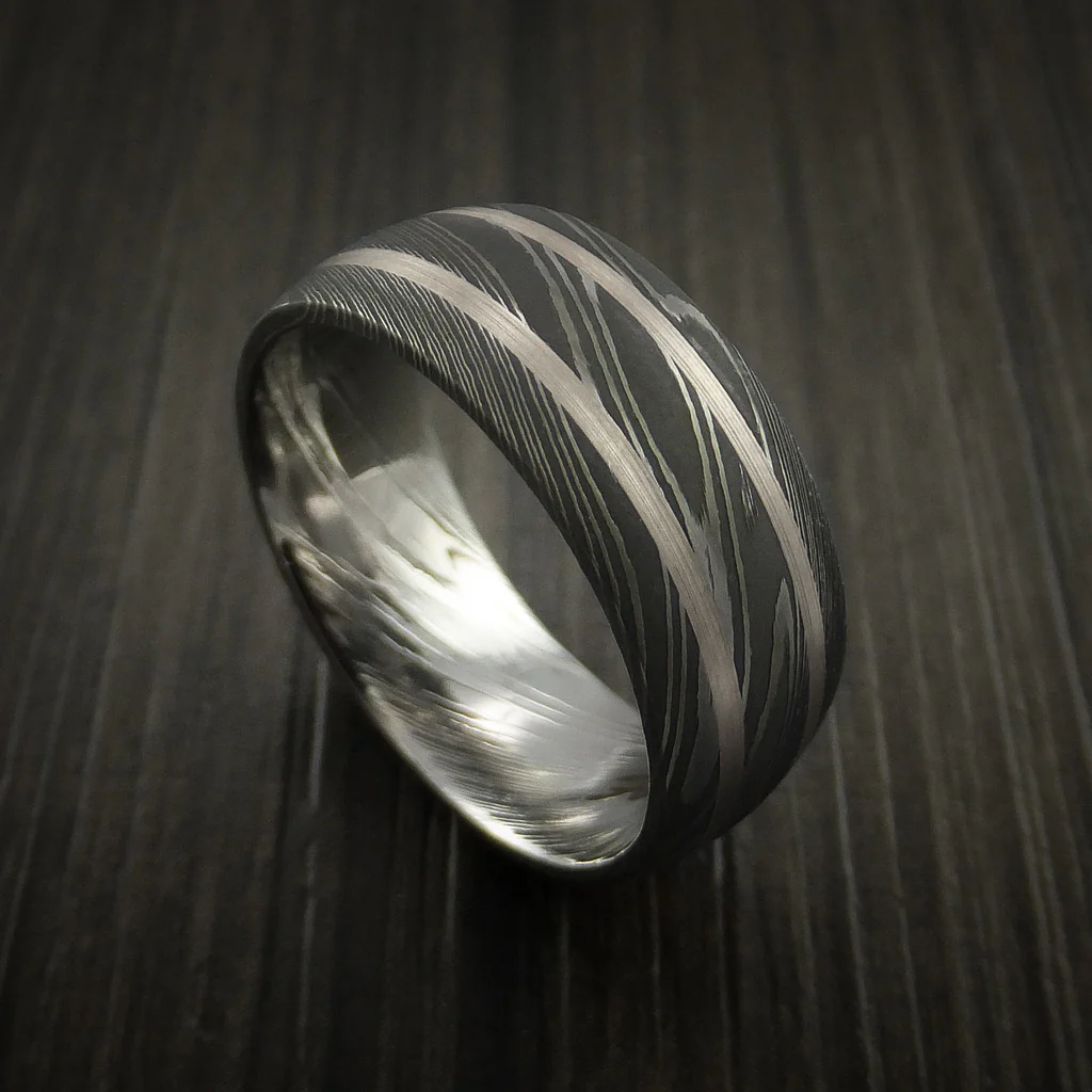 Damascus Steel Men's Ring with White Gold Inlays Custom Made Band