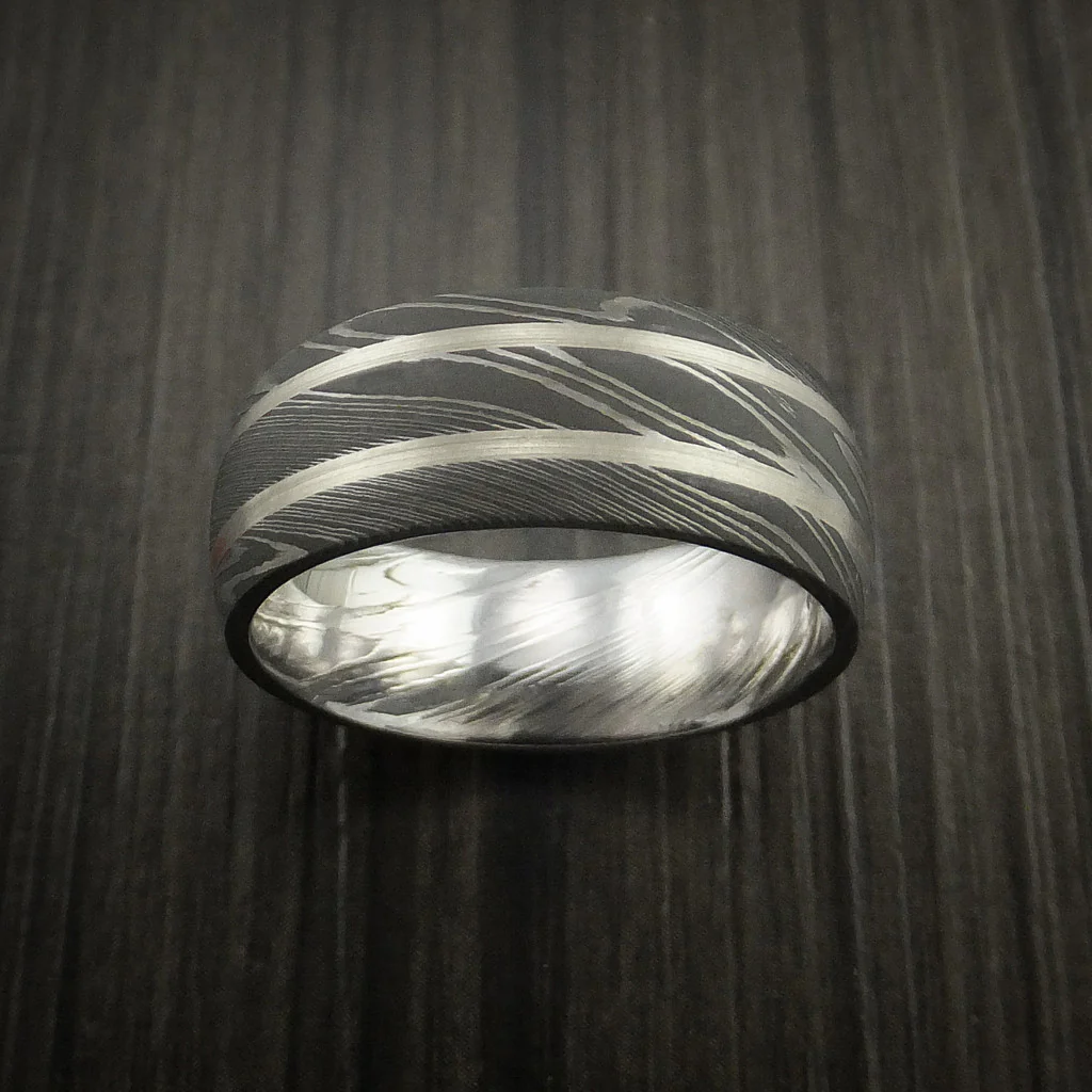 Damascus Steel Men's Ring with White Gold Inlays Custom Made Band - Image 2