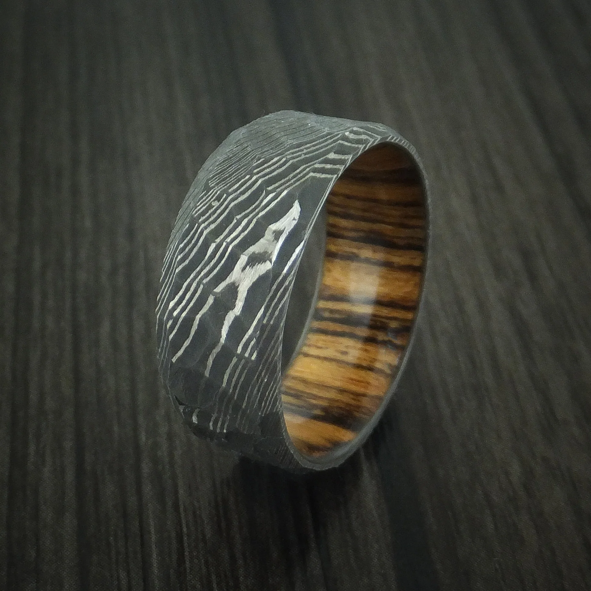 Damascus Steel Rock Hammer Men's Ring with Bocote Wood Sleeve Custom Made - Image 4