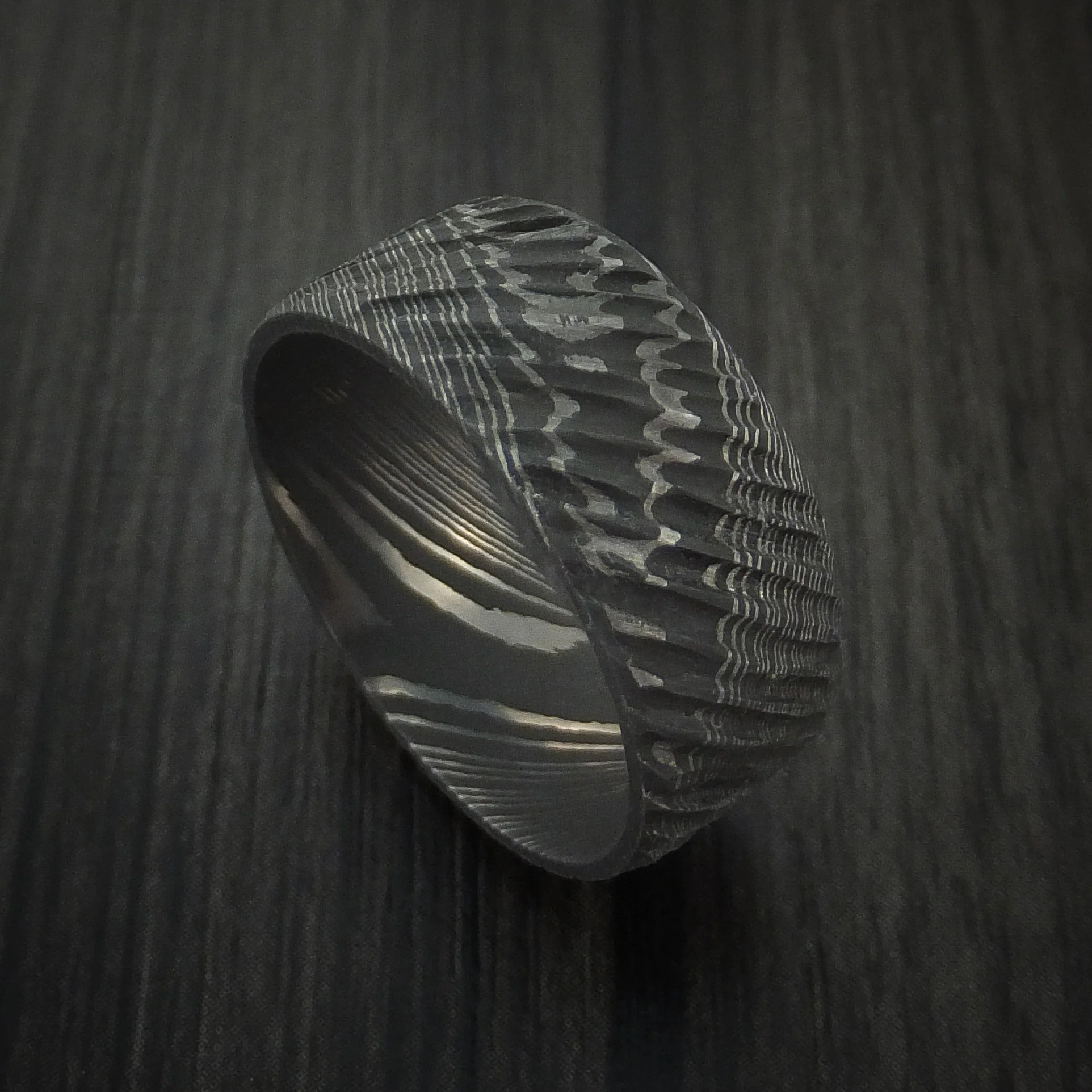 Damascus Steel Tree Bark Carved Men's Ring Custom Made Band